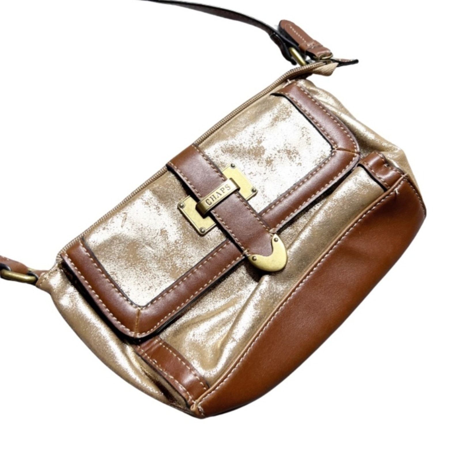 Chaps Chaps Metallic Gold Brown Faux Leather Zip Crossbody Purse Size ONE SIZE - 9 Thumbnail