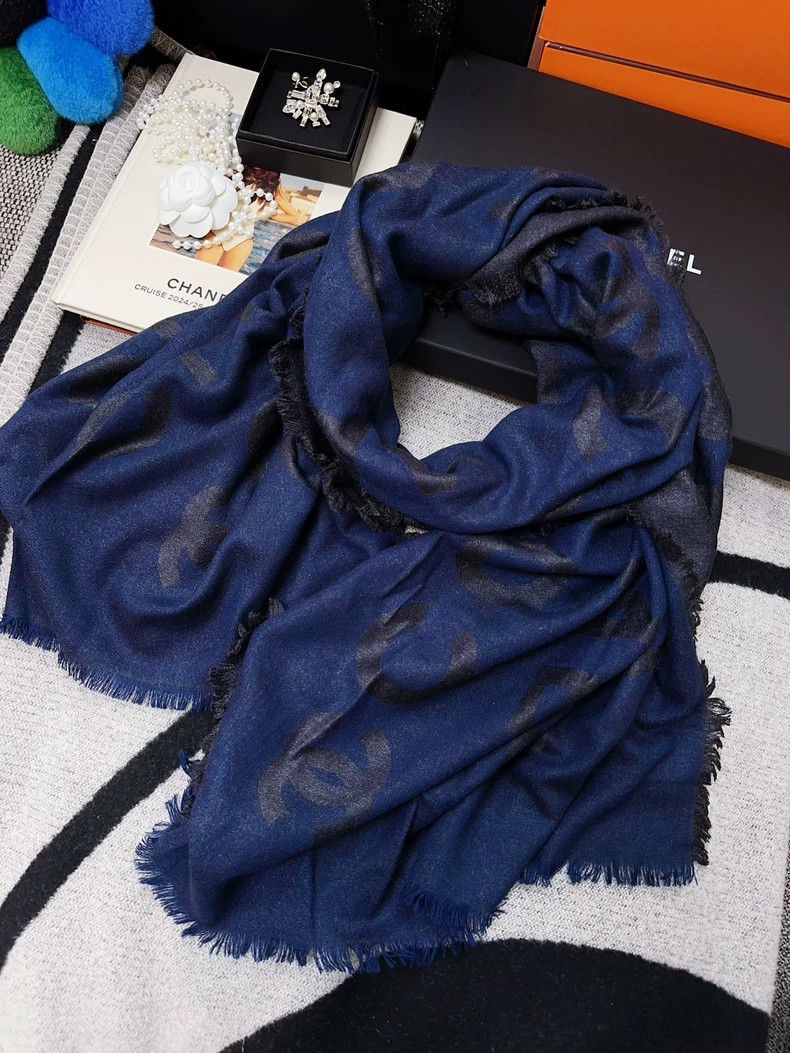 Chanel Chanel Dark blue and gray letter cashmere silk scarf Size ONE SIZE - 1 Thumbnail