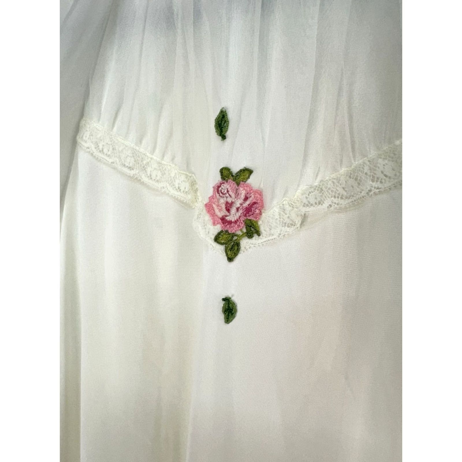 Vintage VINTAGE 1960s Sheer Nylon Peignoir Robe Topper Ivory Pink Rose Embroidered Lace Trim Size ONE SIZE - 6 Thumbnail