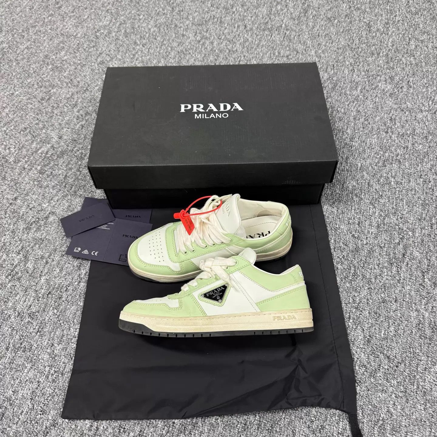Prada Prada White Green Triangle & Letter Logo Sneakers Size US 5.5 / IT 35.5 - 1 Thumbnail