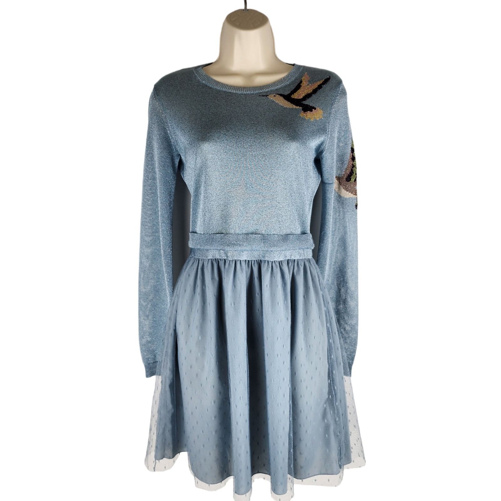 Image of Red Valentino Metallic Fit & Flare Dress Long Sleeve Blue Xs, Women's