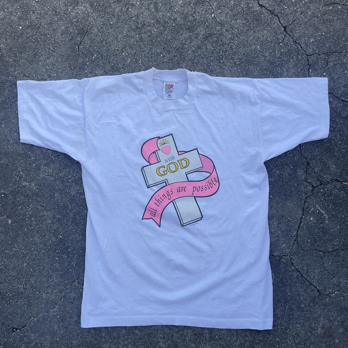 Fruit Of The Loom × Vintage Vtg 90s WITH GOD ALL THINGS ARE POSSIBLE Single Stitch Shirt Size US L / EU 52-54 / 3 - 1 Thumbnail