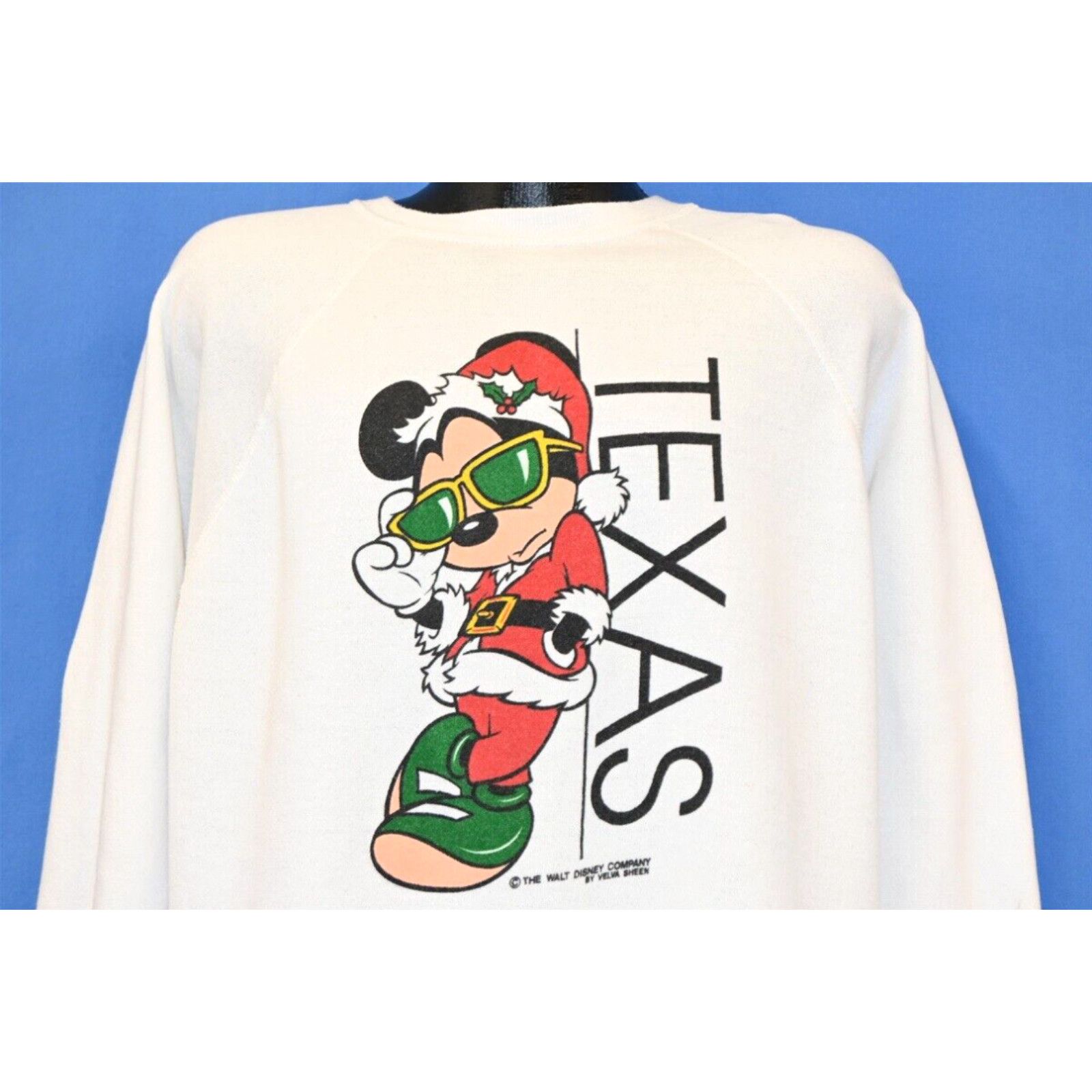 image of Tultex Vintage 80's Mickey Mouse Tx Texas Christmas Holiday Santa Clause Sweatshirt XL in White