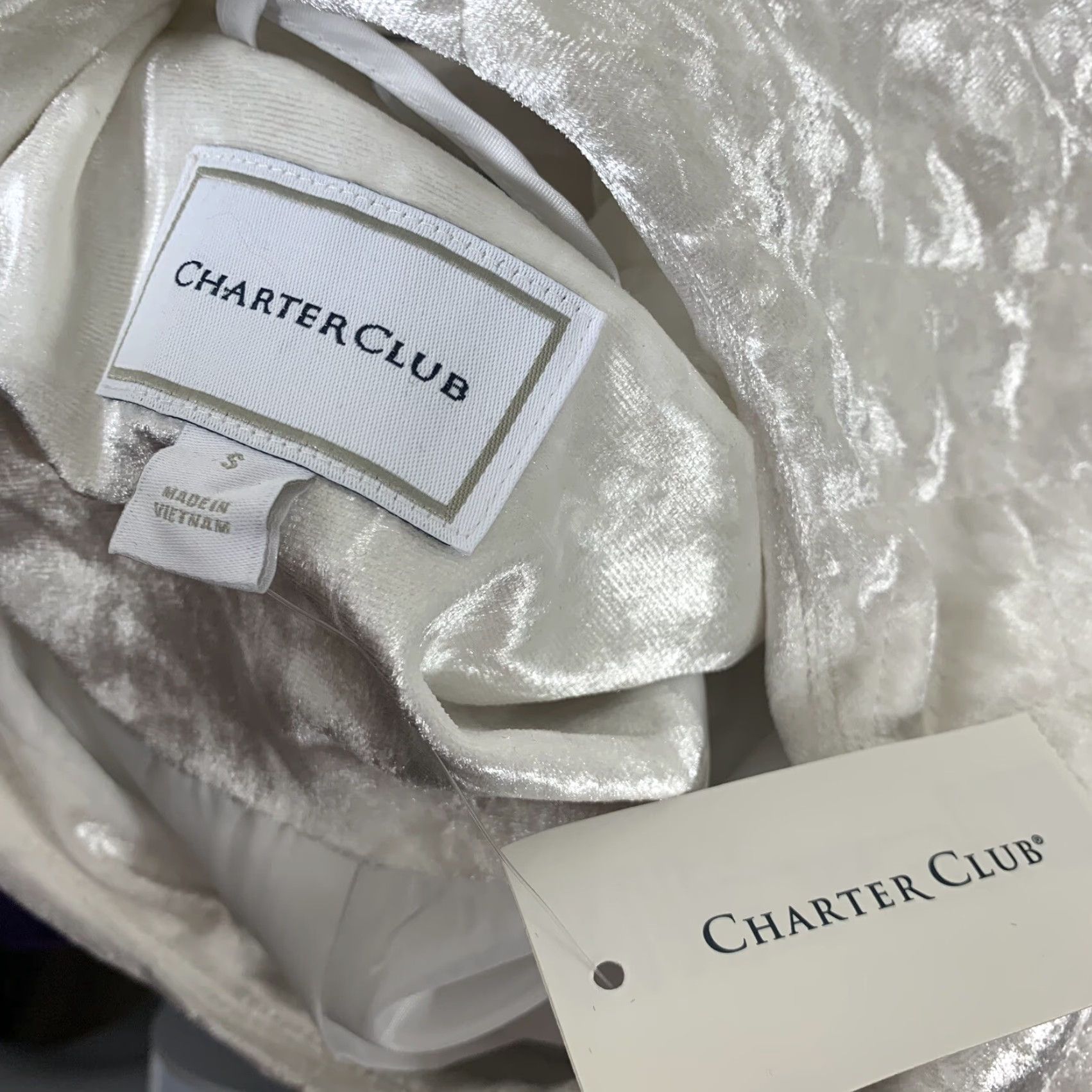 Charter Club Vest Small White Velvet Gold Snap Front Pockets NEW