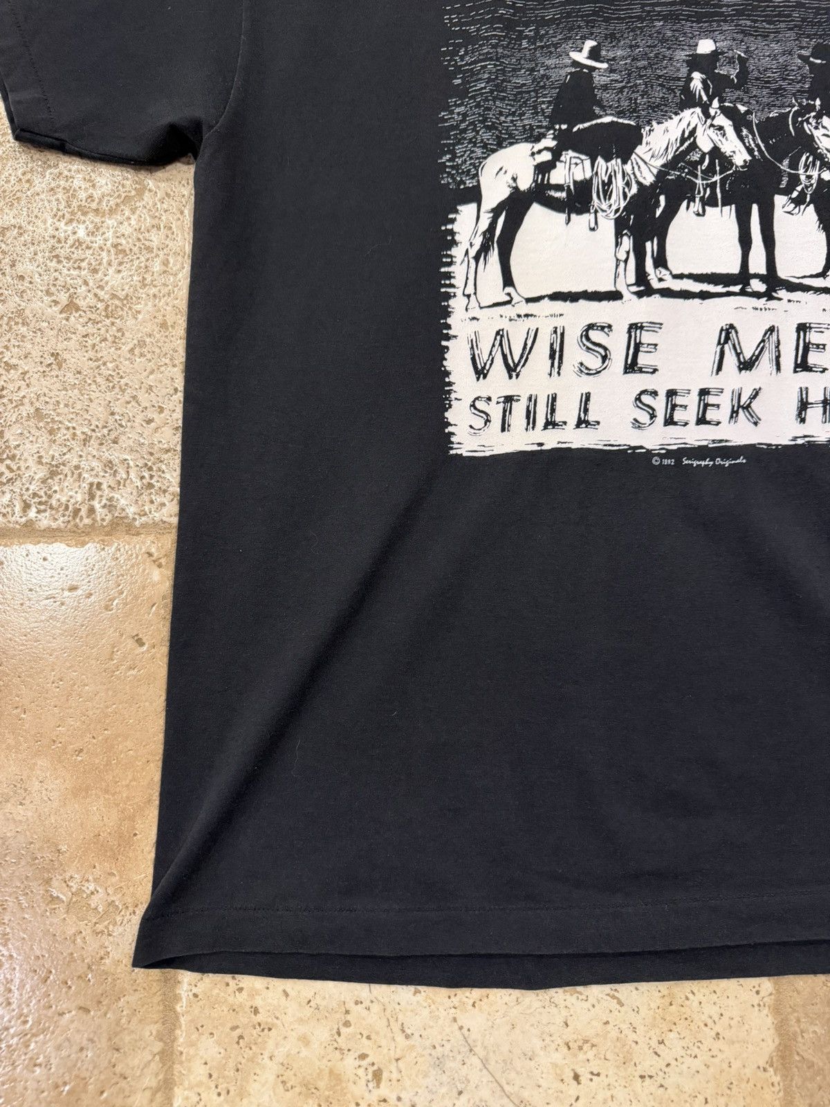 Vintage Vintage “Wise Men Still Seek Him” 1992 Black Faded T-Shirt Size US XL / EU 56 / 4 - 4 Thumbnail