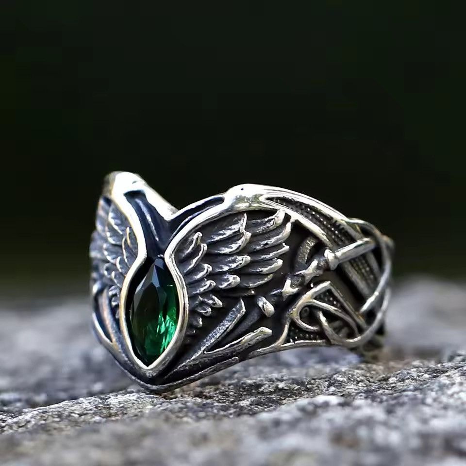 Jewelry Angel Wings Green Gems Stone Ring Size ONE SIZE - 1 Thumbnail