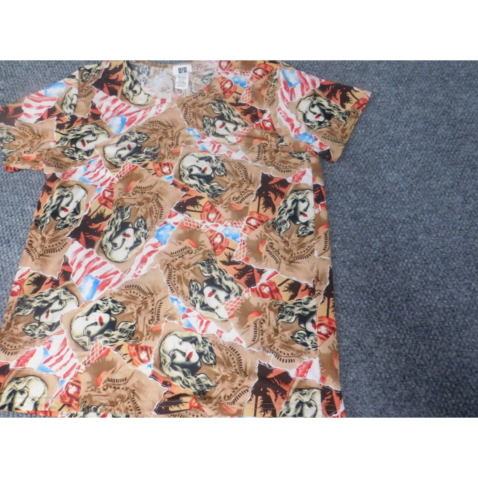 Vintage SPS Blouse Womens XL Brown Crew Neck Short Sleeve Pullover Polyester Rayon Butterfly Graphic Casual Regular Stretch Size XL / US 12-14 / IT 48-50 - 3 Thumbnail