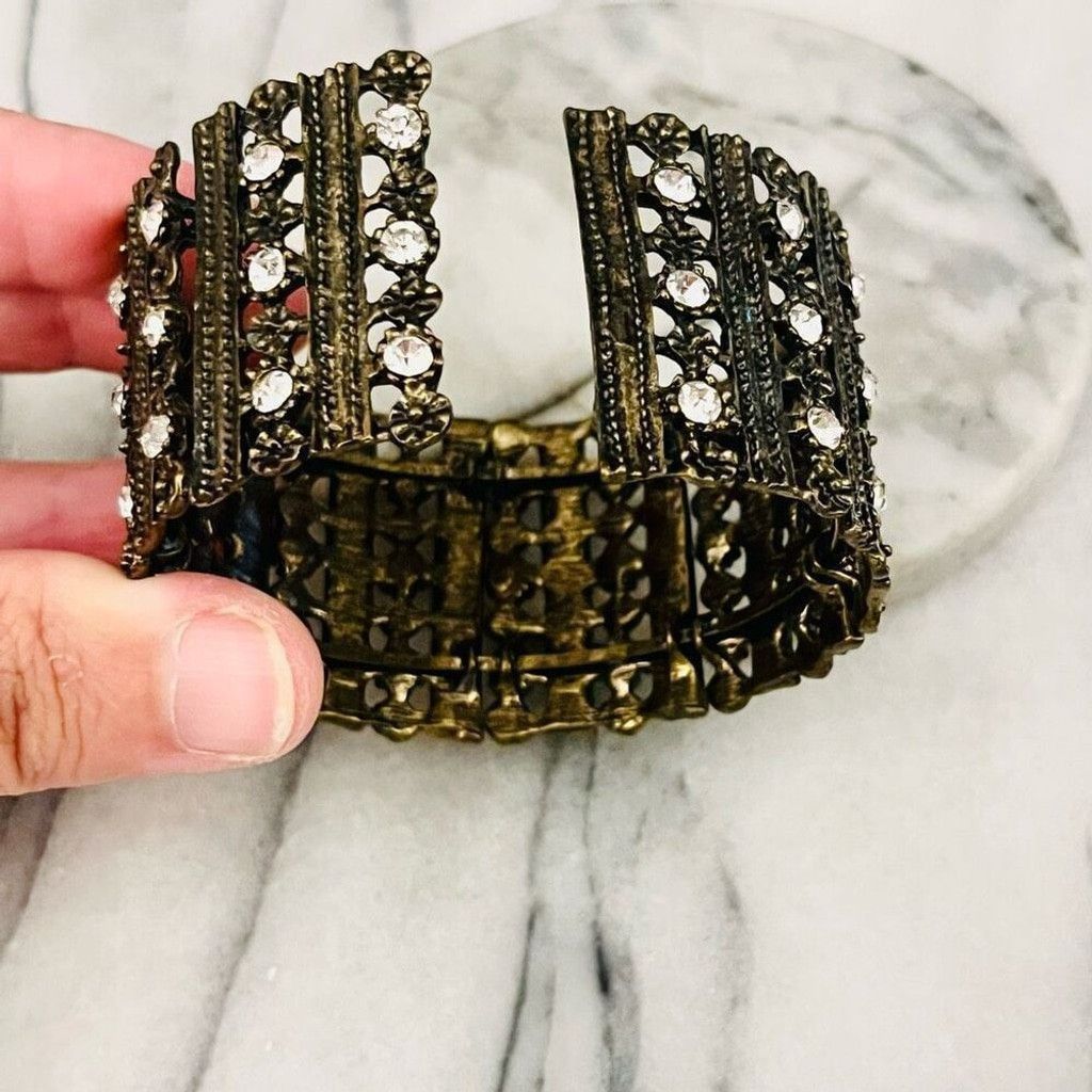 Vintage Antique Gold Toned Cuff Bracelet Clear Rhinestone Wide Size ONE SIZE - 4 Thumbnail