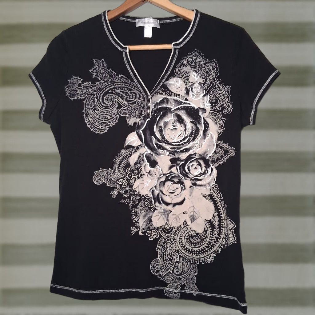 Vintage VINTAGE Dressbarn Shirt Women L Black Cap Sleeve Studded Rose Y2K Floral Silver V-neck Slim Size L / US 10 / IT 46 - 1 Thumbnail