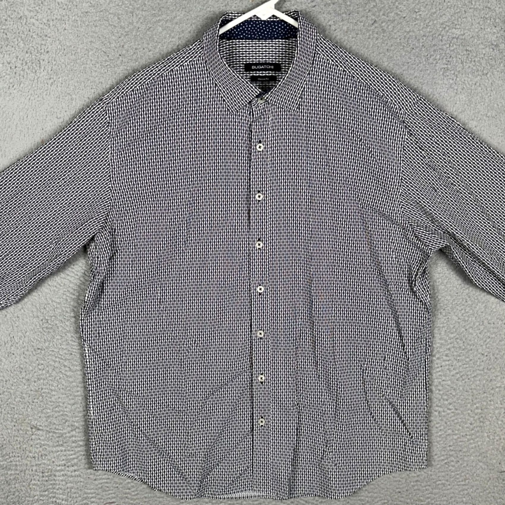 BUGATCHI Bugatchi Shirt Mens XL Blue White Classic Fit Button Up Geometric Stretch EUC Size US XL / EU 56 / 4 - 3 Thumbnail