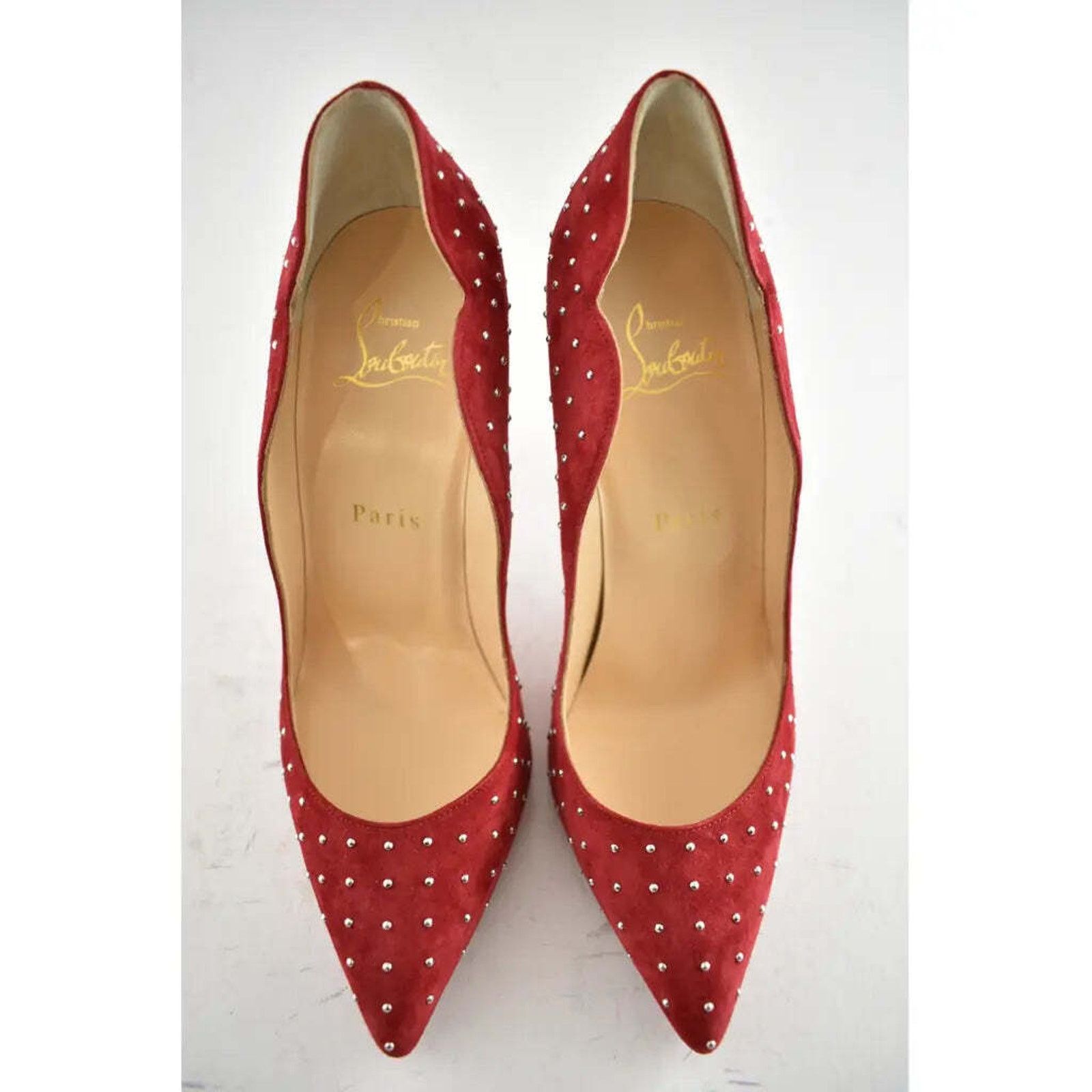 Christian Louboutin Hot Chick Plume 100 Red Carmen Stud Suede Heel Pump 40 Size US 10 / IT 40 - 7 Thumbnail