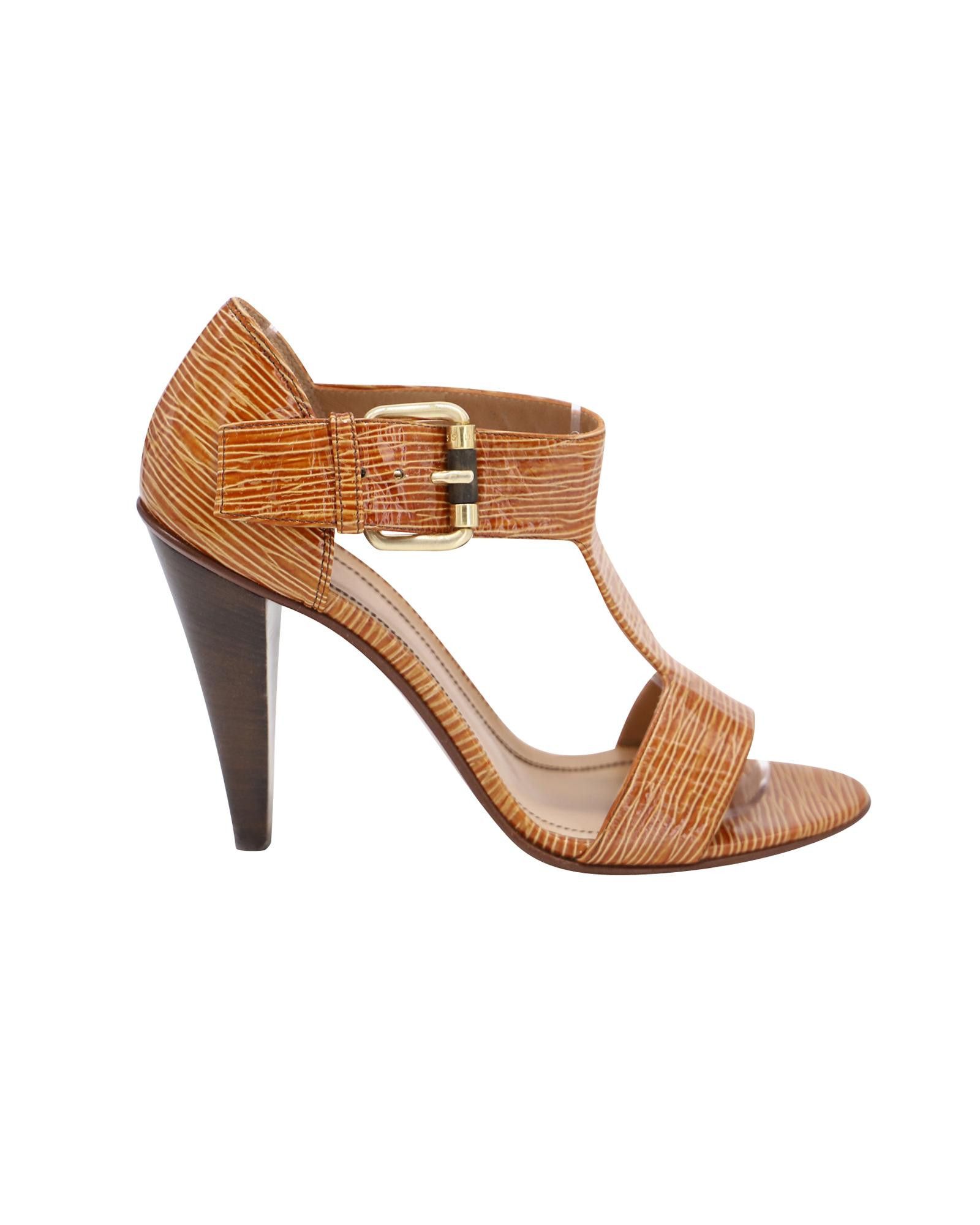 image of Hugo Boss Embossed T-Strap Sandals In Brown Leather, Women's (Size 7)