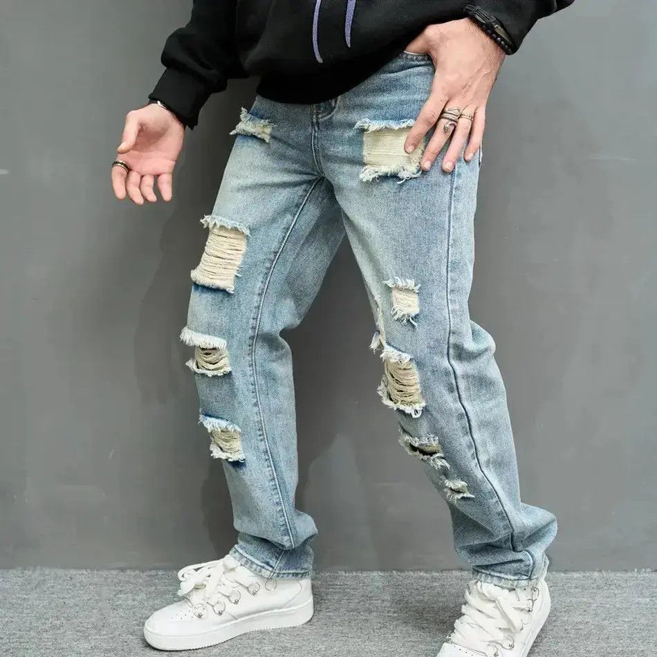 Japanese Brand Simple Men Loose Ripped Straight Jeans Size US 32 / EU 48 - 2 Thumbnail