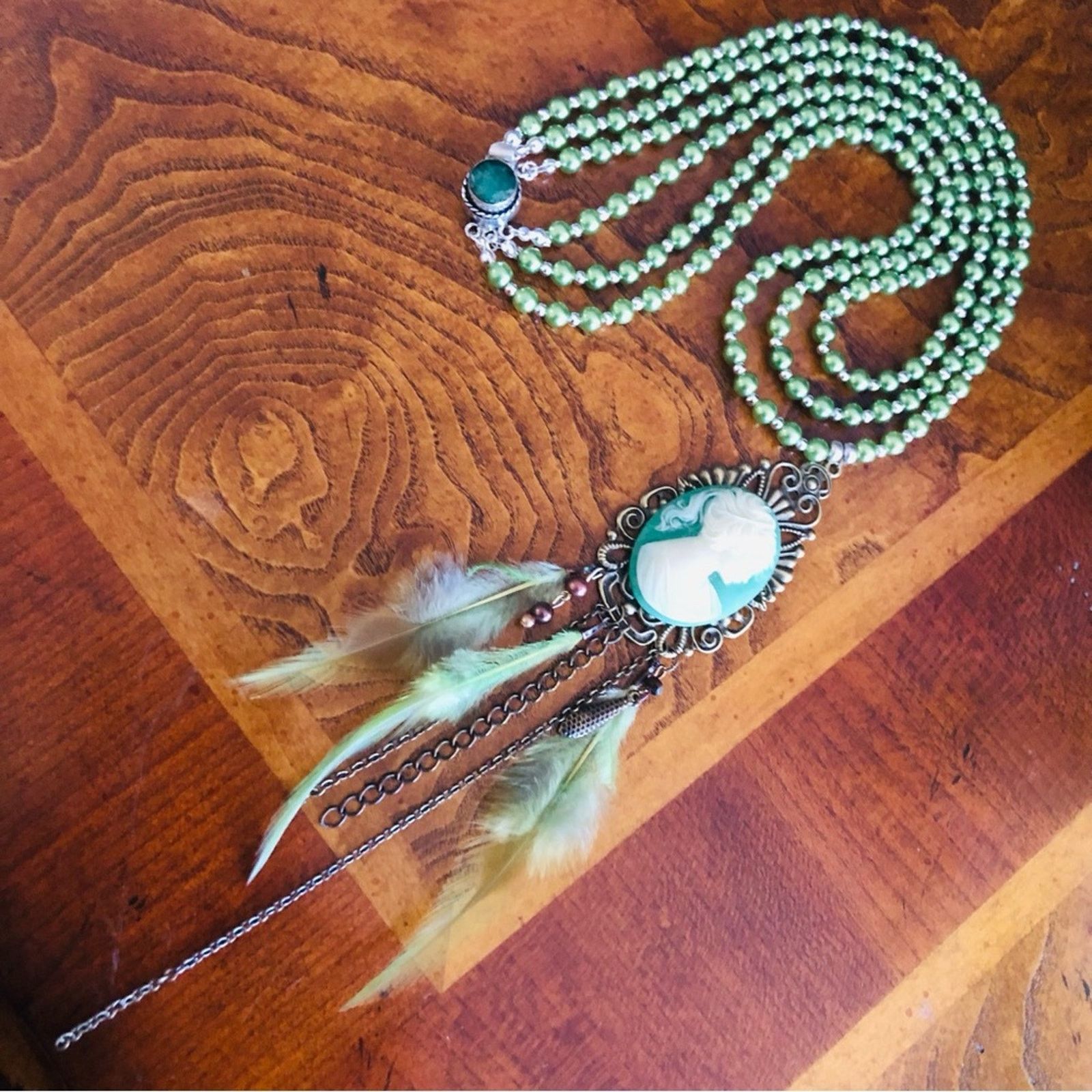 Handmade Handcrafted filigree green cameo genuine malachite necklac Size ONE SIZE - 8 Thumbnail
