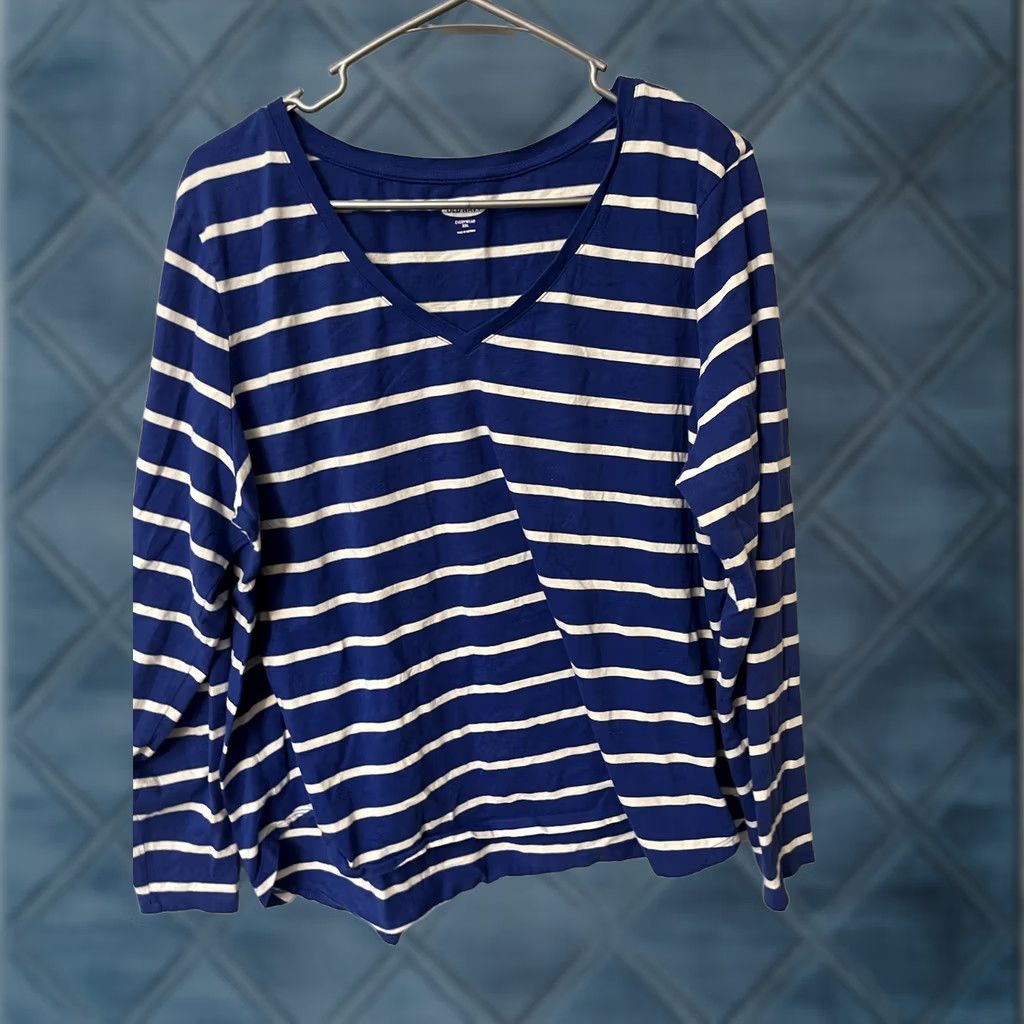 Old Navy Old Navy Womens Blue White Striped Cotton V-Neck Long Sleeve XXL Shirt Size XXL / US 16-18 / IT 52-54 - 1 Thumbnail
