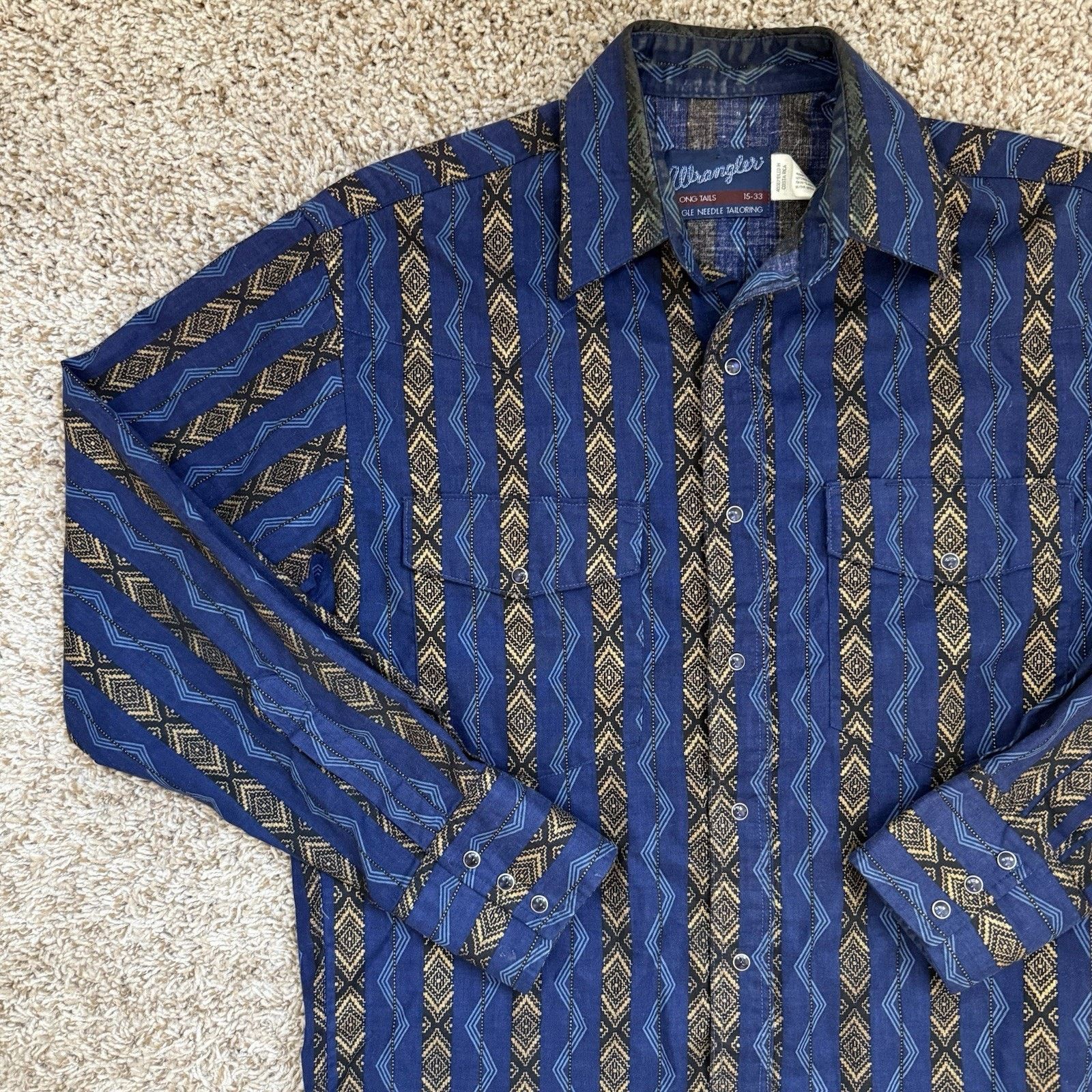 Vintage × Wrangler Wrangler Blue Aztec Pearl Snap Button Up Western Shirt Large Size US L / EU 52-54 / 3 - 9 Thumbnail