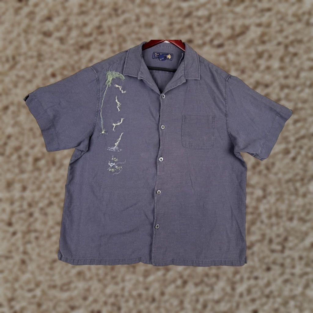 Nat Nast Nat Nast Mens Blue Purple Embroidered Palm Diver Silk Blend Shirt XL Hawaiian Button-Up Capable All Seasons Size US XL / EU 56 / 4 - 1 Thumbnail