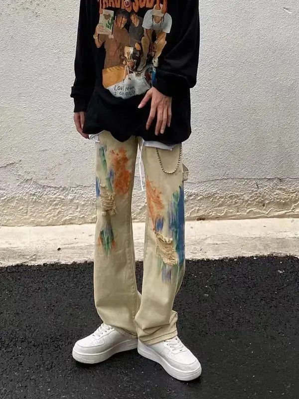 Japanese Brand Retro graffiti-splashed ripped straight jeans Size US 32 / EU 48 - 1 Thumbnail