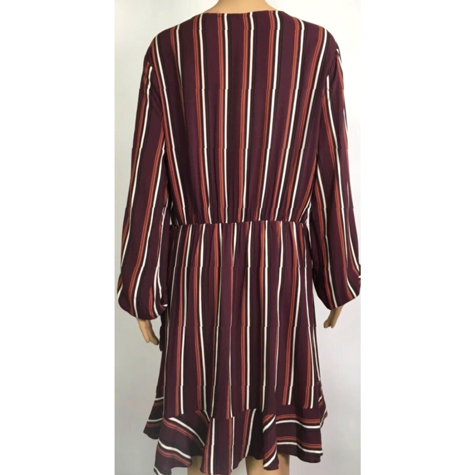 Vintage Xhilaration Dress Burgundy Stripe Asymmetric Ruffle Tie Snap L Womens Knee-Length Rayon Casual Wrap Dress New Size L / US 10 / IT 46 - 4 Thumbnail