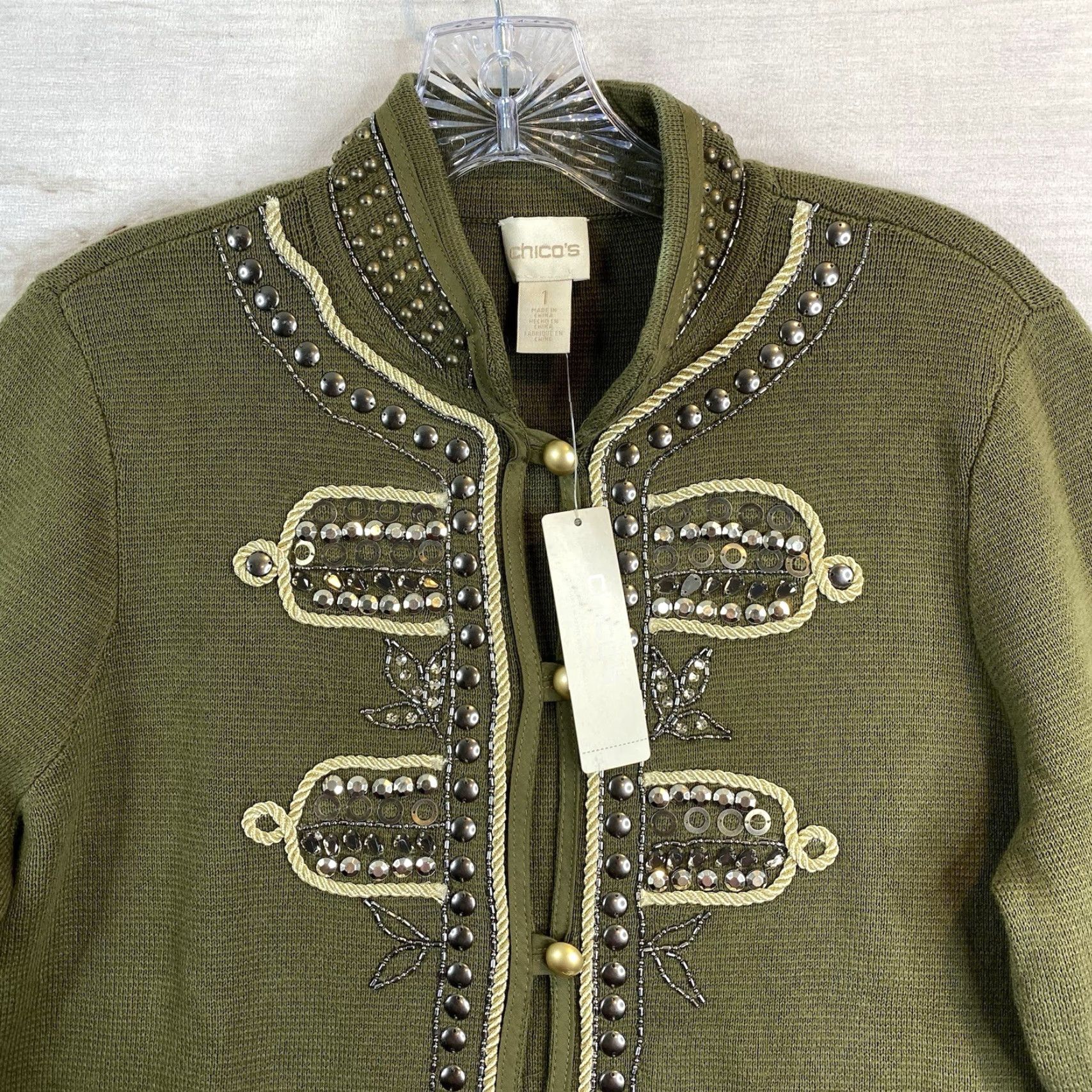 Vintage Chicos Cardigan Sweater 1 M 8/10 Olive Green Beaded Studded 3/4 Sleeve NWT Women's Knit 100% Cotton Button Up High Neck Modern Classic Size M / US 6-8 / IT 42-44 - 2 Thumbnail