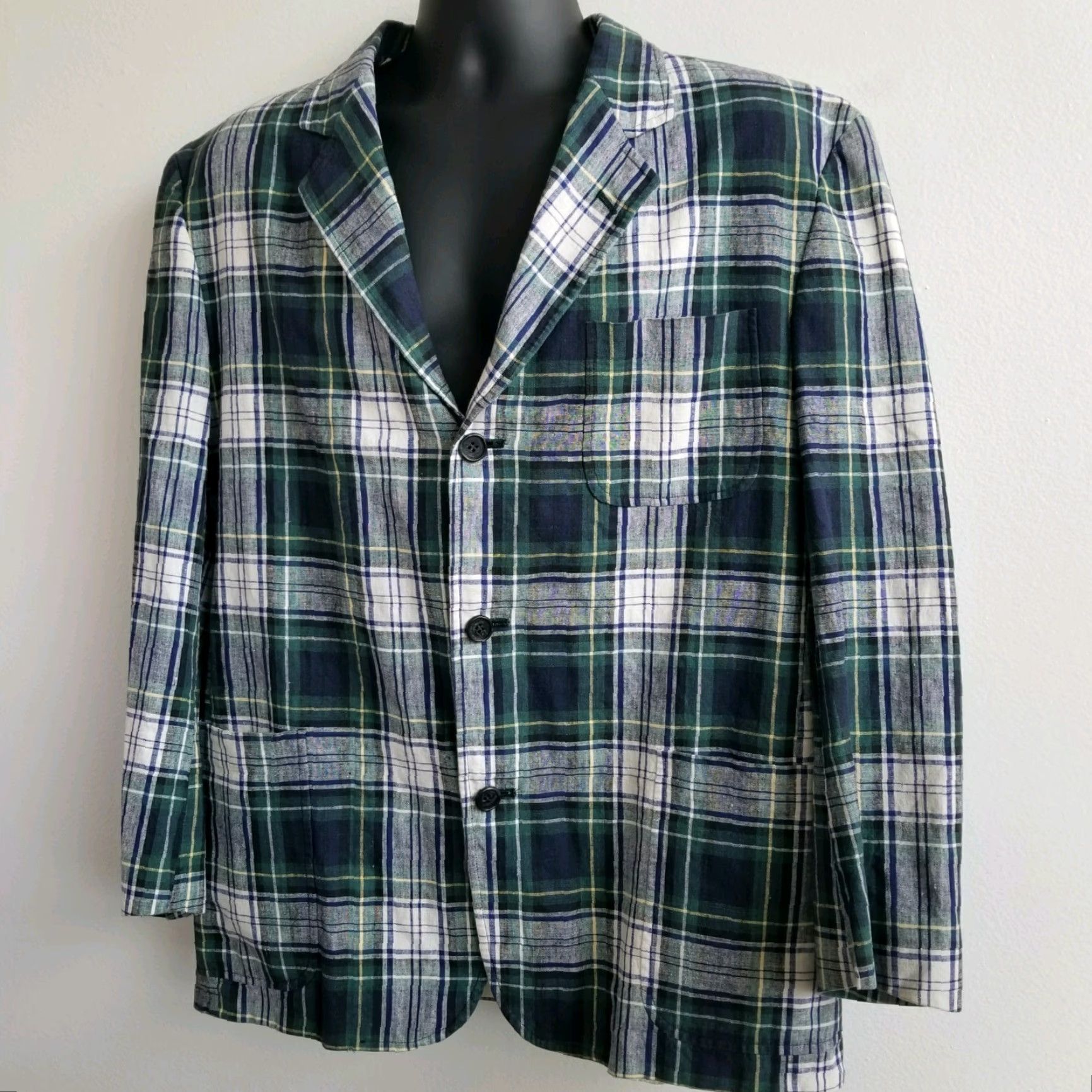 Tommy Hilfiger VINTAGE Tommy Hilfiger Blazer Shirt Mens 90's USA made Navy Blue Green Plaid Size Large Size 42R - 3 Thumbnail
