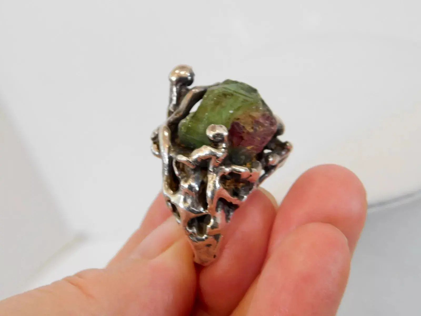 Vintage Vintage Sterling Silver Ring Tourmaline Size 7 Brutalist Size ONE SIZE - 7 Thumbnail