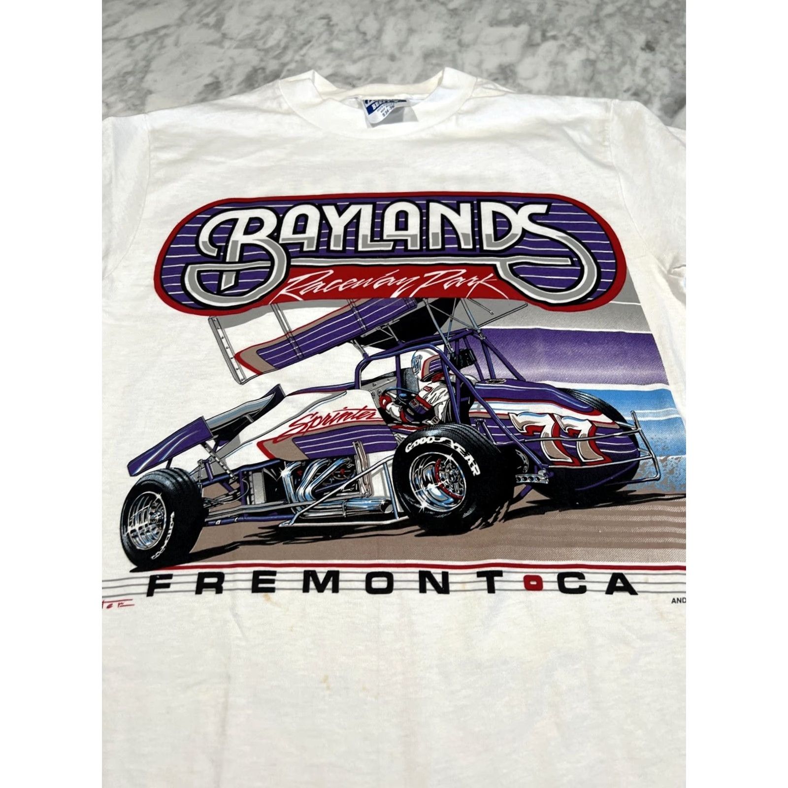Hanes VINTAGE 80s Baylands Racing Park Fremont T Shirt Men’s Small Short Sleeve White Cotton Blend Hanes Men Rockabilly Single Stitch Dbl Size US S / EU 44-46 / 1 - 2 Thumbnail