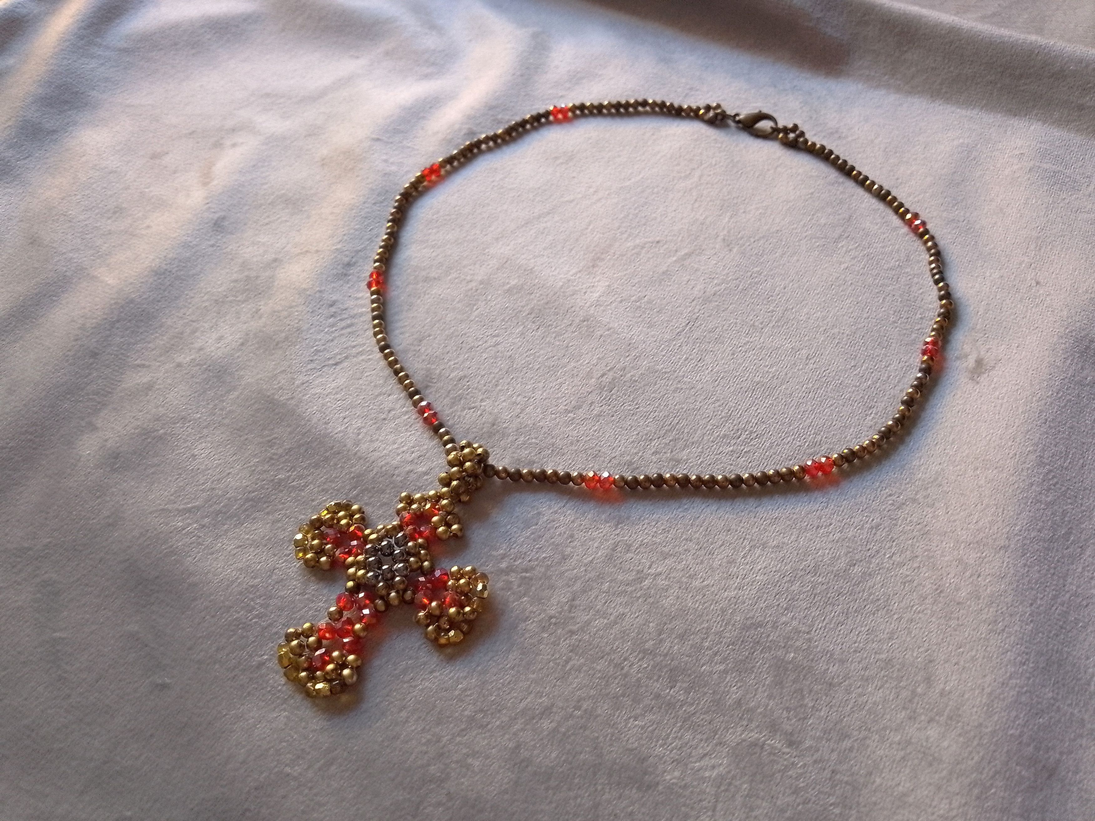 Handmade Necklace Vintage Brass Red Crystal Beaded Cross Pendant Size ONE SIZE - 1 Thumbnail