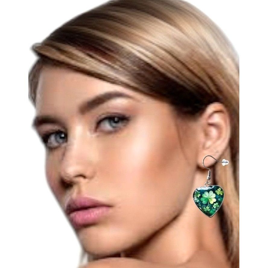 Handmade Shamrock Earrings St Patricks Day Clover Heart Shaped Dangle Size ONE SIZE - 2 Thumbnail