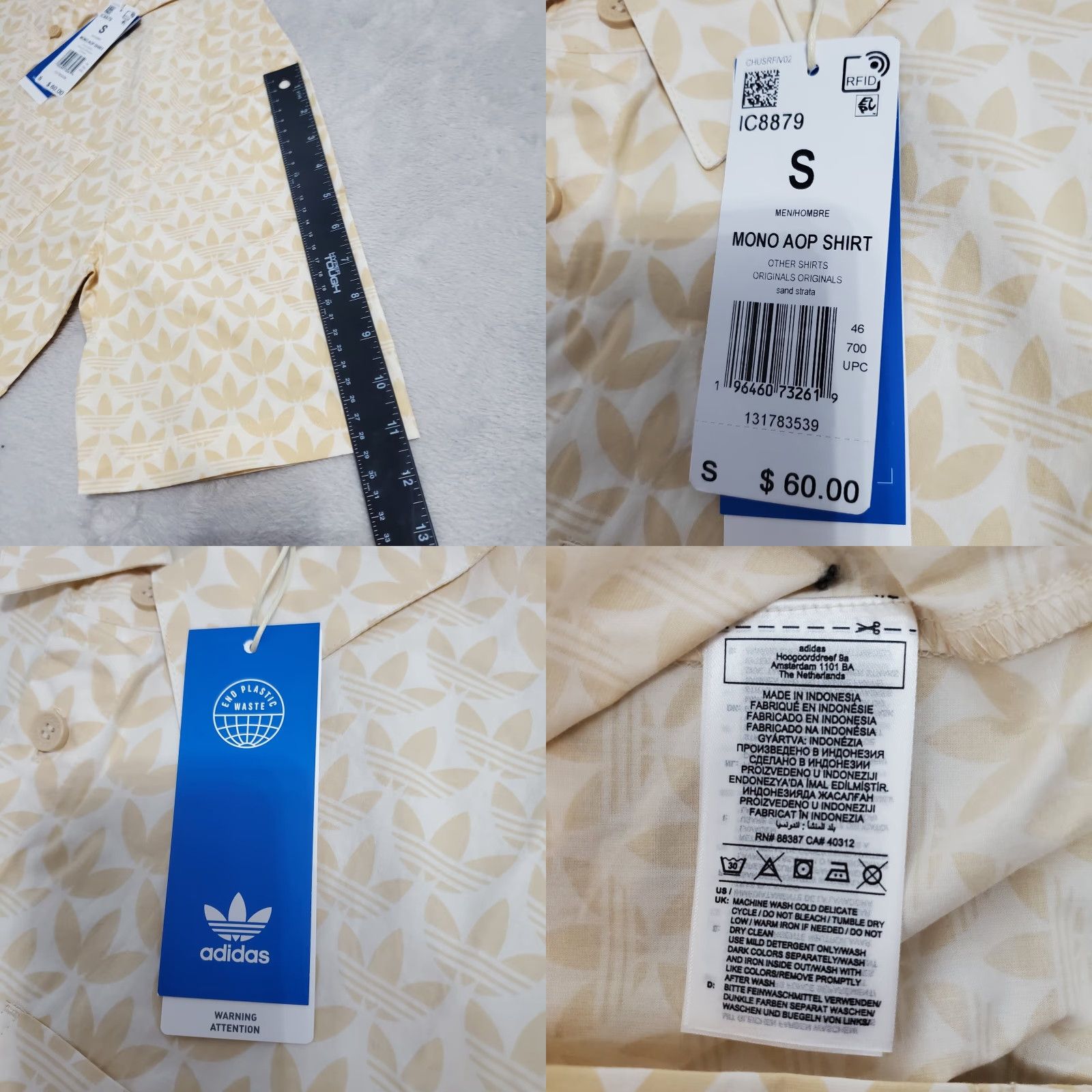Adidas adidas Shirt Mens S Sand Beige Mono AOP Button Up Cotton Short Sleeve Casual NWT Size US S / EU 44-46 / 1 - 8 Thumbnail
