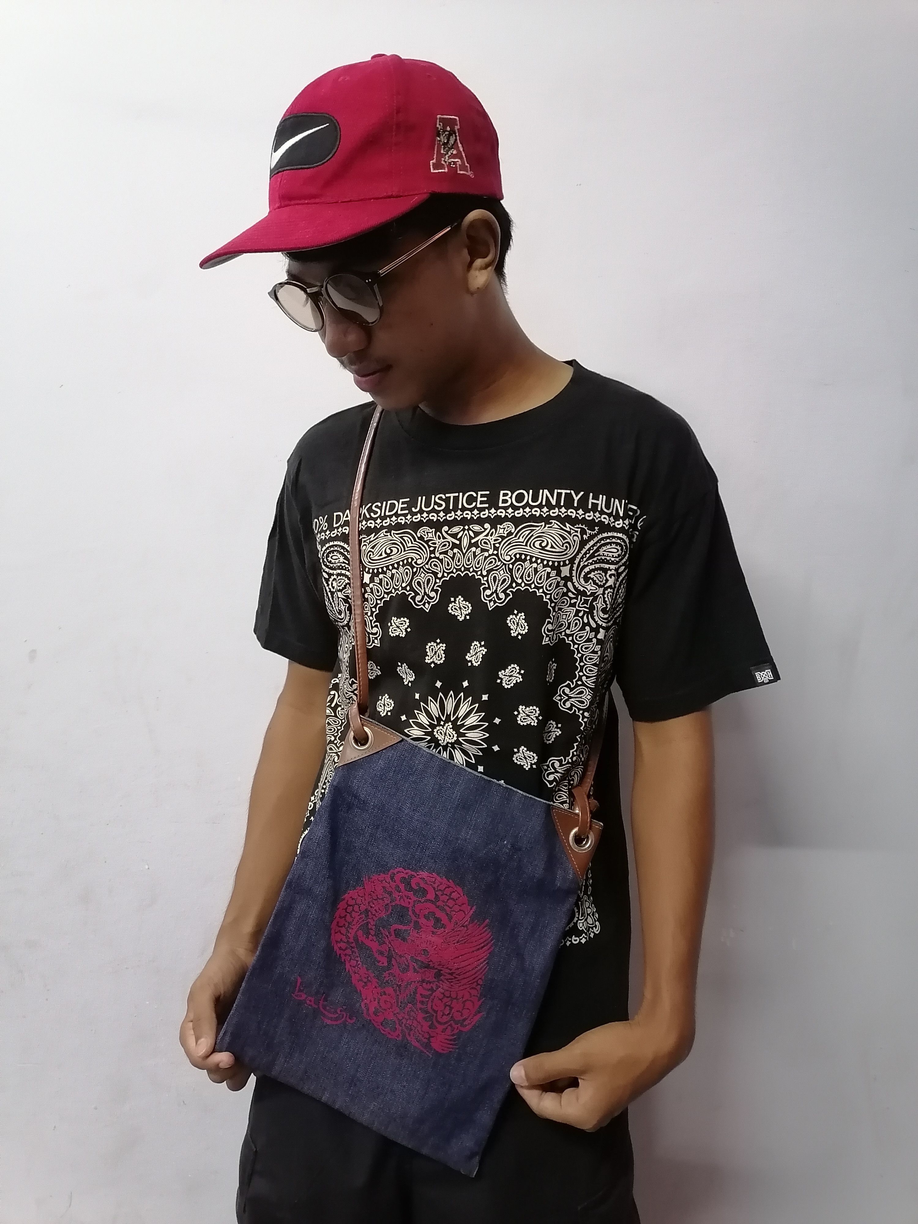 Archival Clothing Batsu Arabic Japan Dragon Denim Crossbody Bag in Blue, Men's