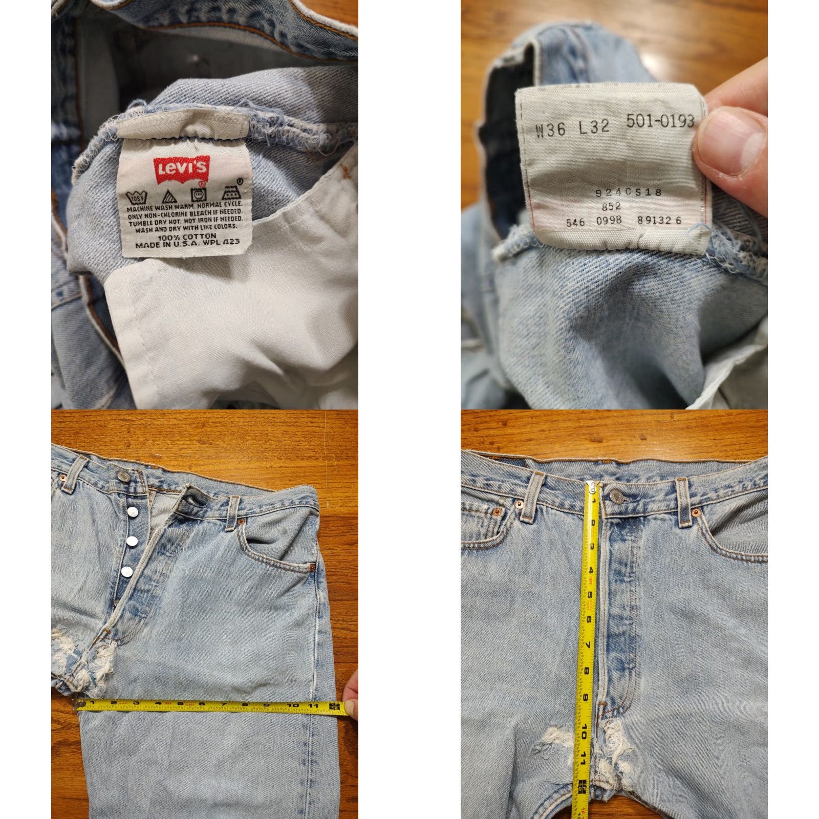 Levi's VINTAGE Levi's 501 Jeans Men 33x31 Blue USA 90s Thrashed Destroyed Straight 5-Pocket Button Closure Denim Cotton Classical Mens Size US 33 - 9 Thumbnail