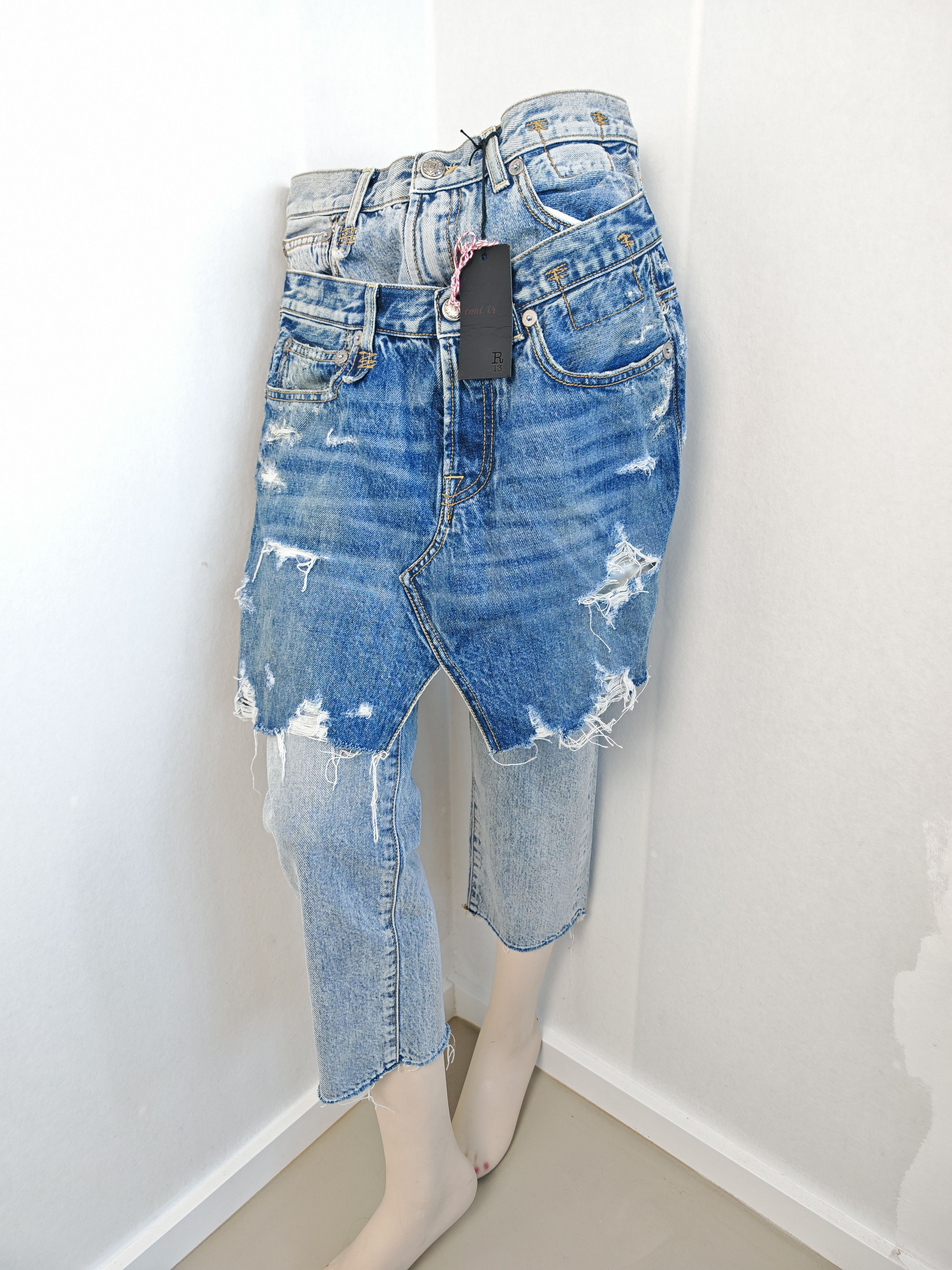 R13 RARE sample "Double Front" Layered Distressed Denim Skirt Size 27" / US 4 / IT 40 - 2 Thumbnail