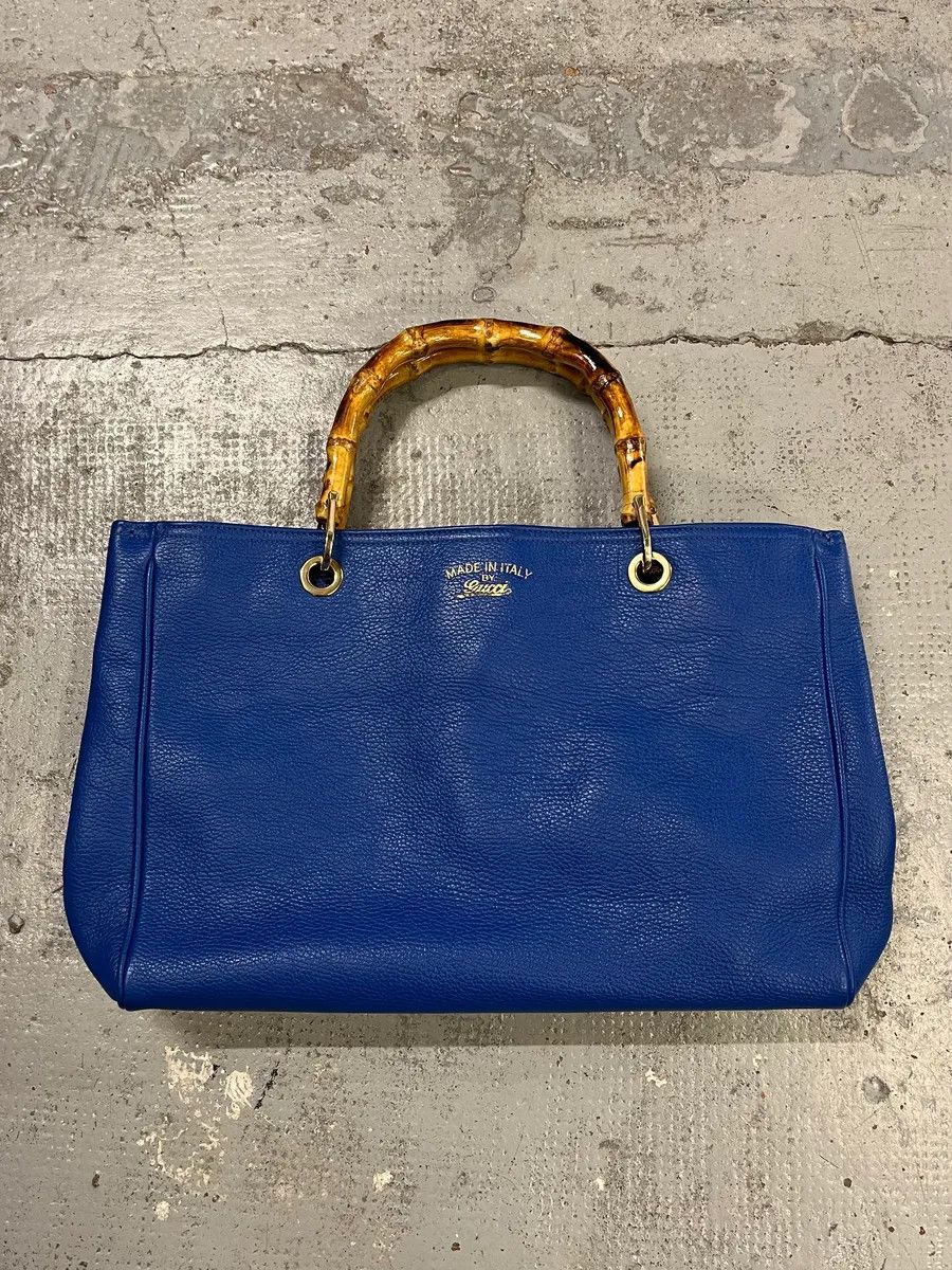 Gucci 2000s Gucci Blue Leather Bamboo Handle Tote Bag Size ONE SIZE - 4 Thumbnail