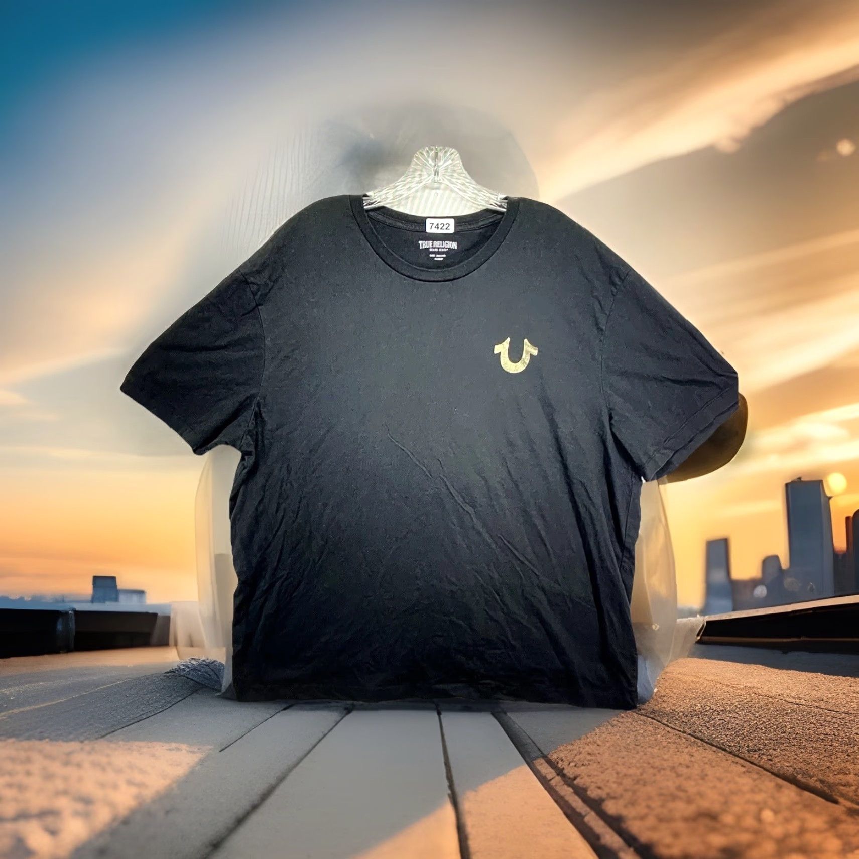 True Religion VINTAGE True Religion Men's T-Shirt XL Black Gold Foil Graphic Crew Neck Relaxed Fit Cotton All Seasons Size US XL / EU 56 / 4 - 2 Thumbnail