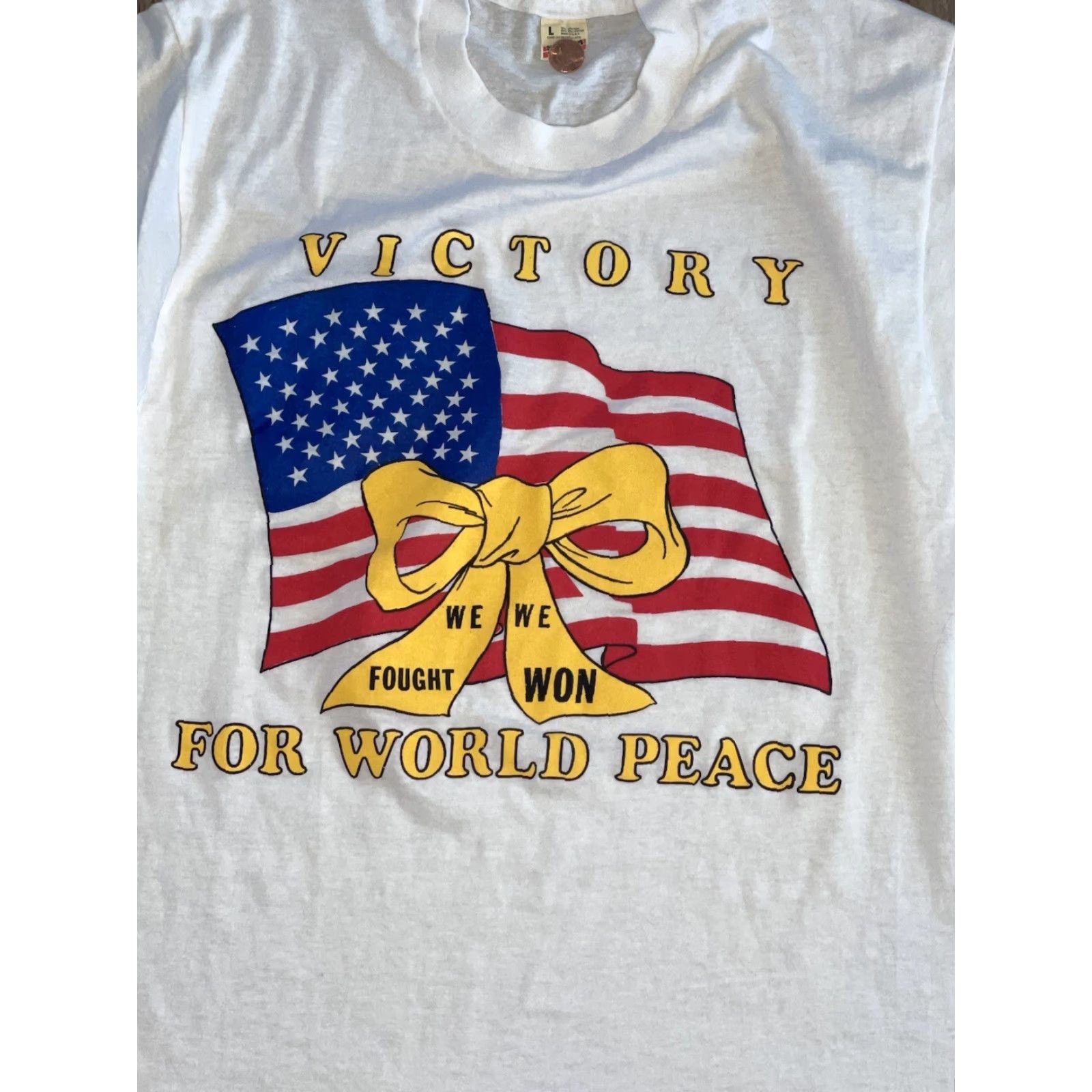 Vintage VINTAGE Screen Stars Victory For World Piece T-Shirt L White Mens Stars Stitch L Size US L / EU 52-54 / 3 - 2 Thumbnail