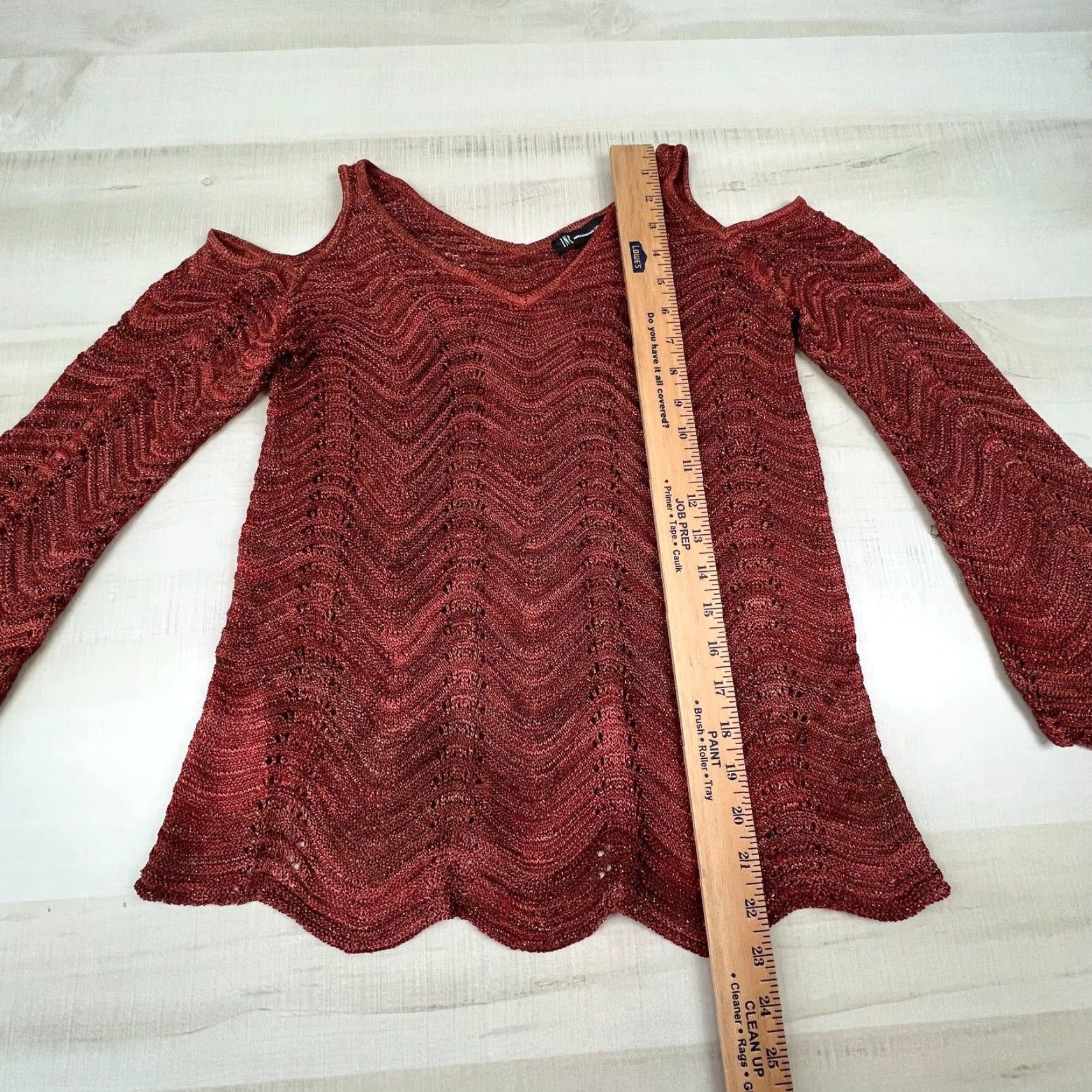 Vintage INC Womens Sweater Small Extra Large Brown Cold Shoulder Wave Knit V Neck Shimmer Casual Size S / US 4 / IT 40 - 5 Thumbnail