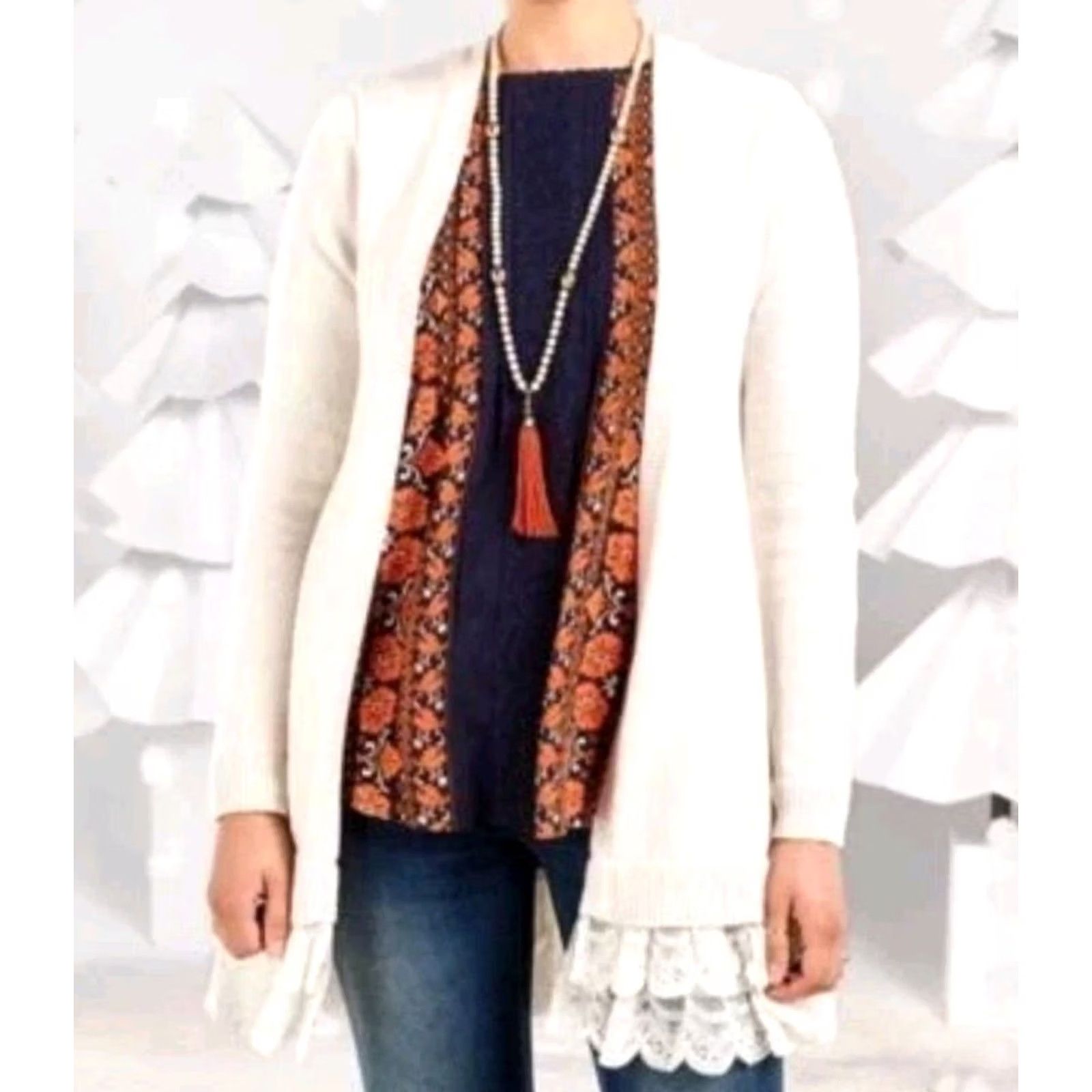 Vintage Matilda Jane Sweater Cardigan Lace Trim Womens Size S Cream Cotton Blend Solid Jane Size S / US 4 / IT 40 - 4 Thumbnail