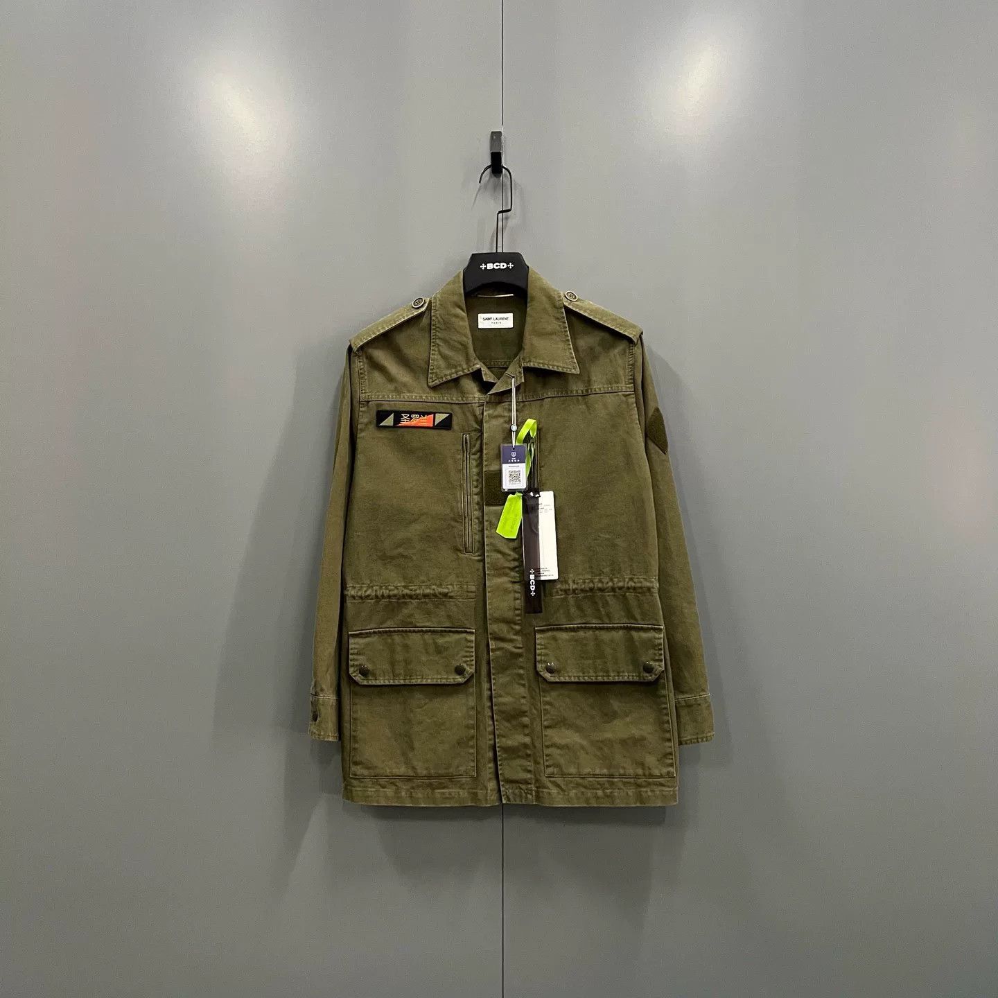 saint laurent green logo work shirt