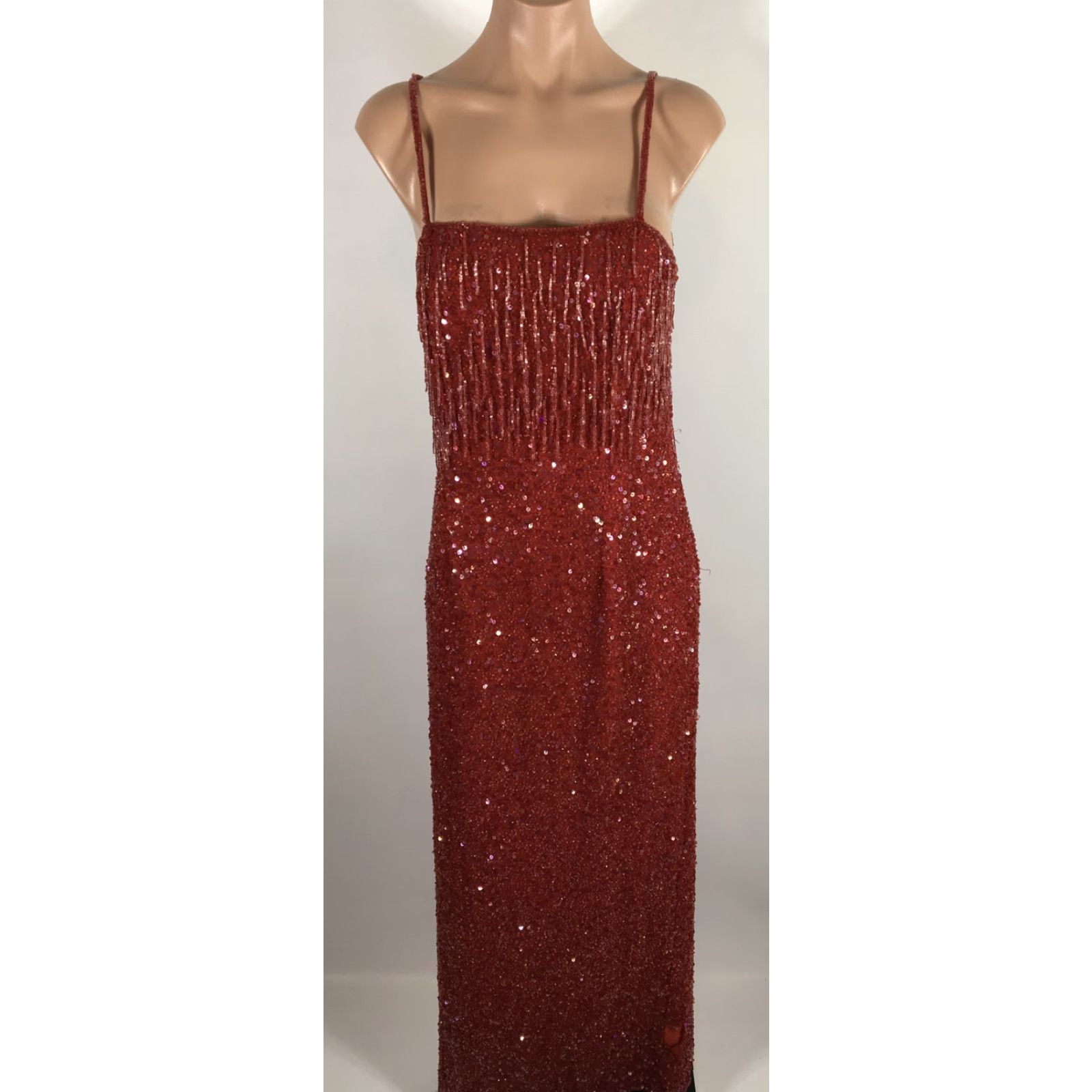 peace and love beaded dress GIA SCALA BROWN SILK BRONZE BEADED SLEEVELESS LONG EVENING DRESS SIZE –  Whispers Dress Agency main image 1