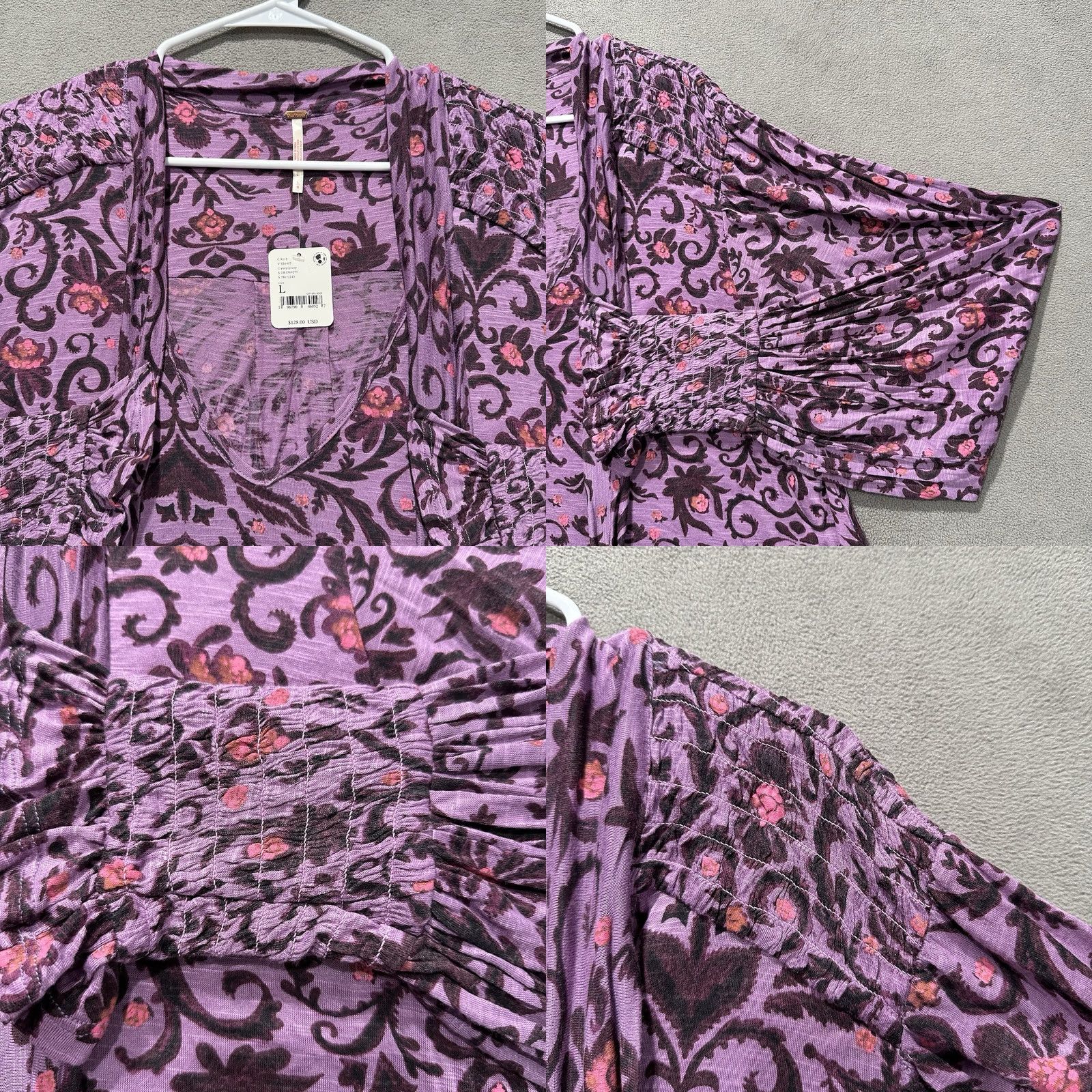 Free People NWT Free People Blouse Women L Purple Floral Bridgette Tunic Ruched Flowy Size L / US 10 / IT 46 - 8 Thumbnail