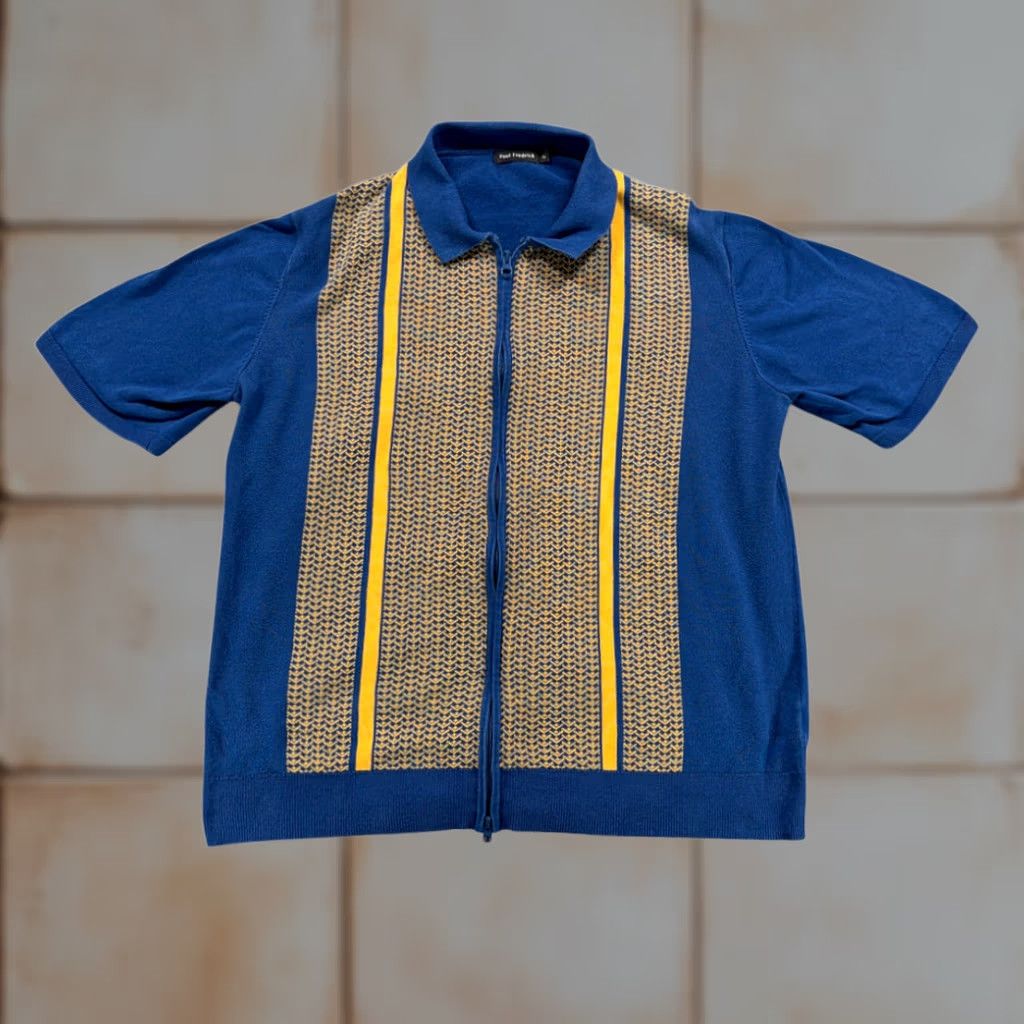 Vintage Paul Fredrick Shirt Adult EXTRA LARGE Blue Yellow Cotton Knit Zip Up Retro Mod Size US XL / EU 56 / 4 - 1 Thumbnail