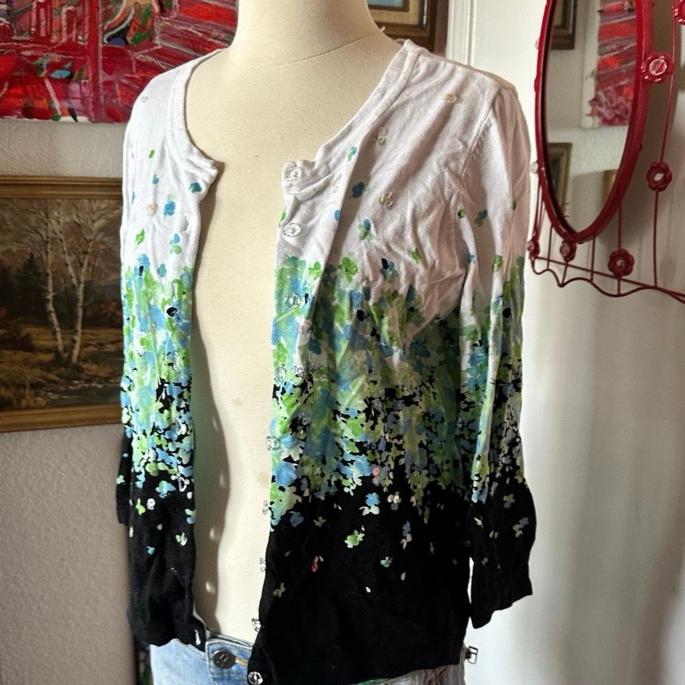 Other charter club green white black floral cardigan Size L / US 10 / IT 46 - 2 Thumbnail