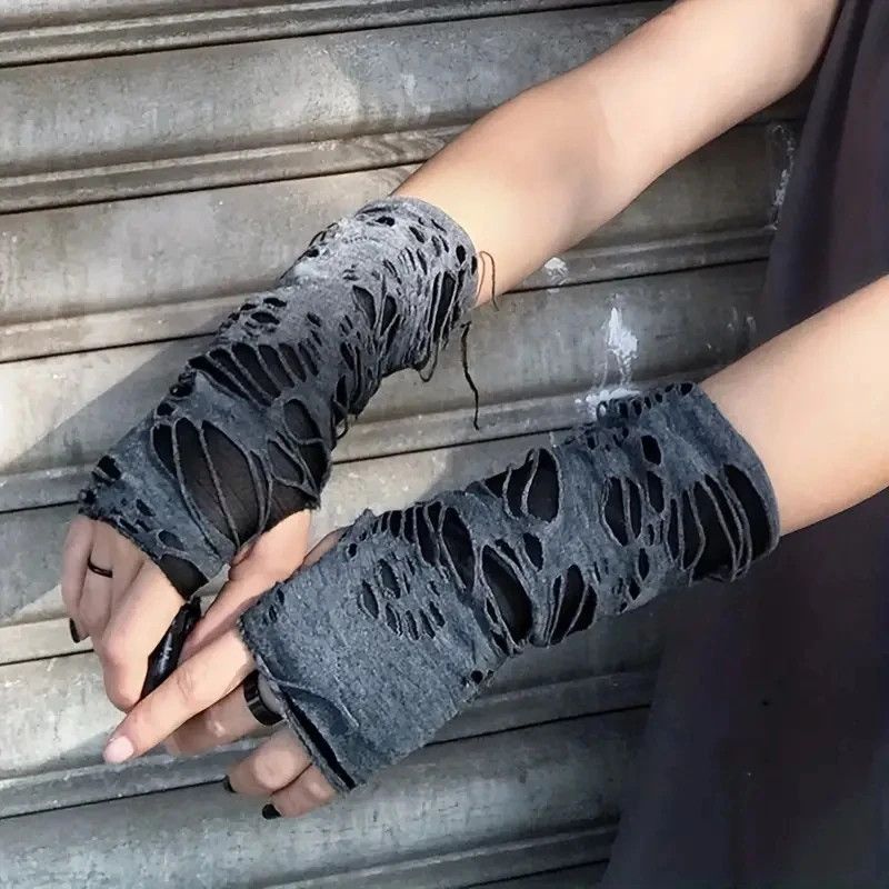 Other Gothic Fingerless Gloves Tear Stretchy Design Size ONE SIZE - 6 Thumbnail