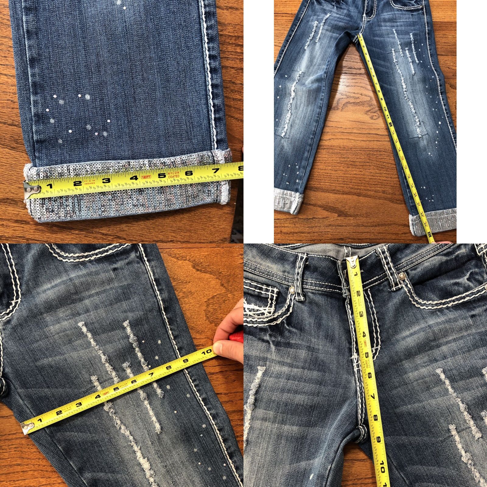 Denime COWGIRL TUFF Capri Jeans Womens 28 Blue Distressed Sequin Denim 5-Pocket Zip Rise 8 Inseam 24 Festival Cowboy Size 28" / US 6 / IT 42 - 8 Thumbnail