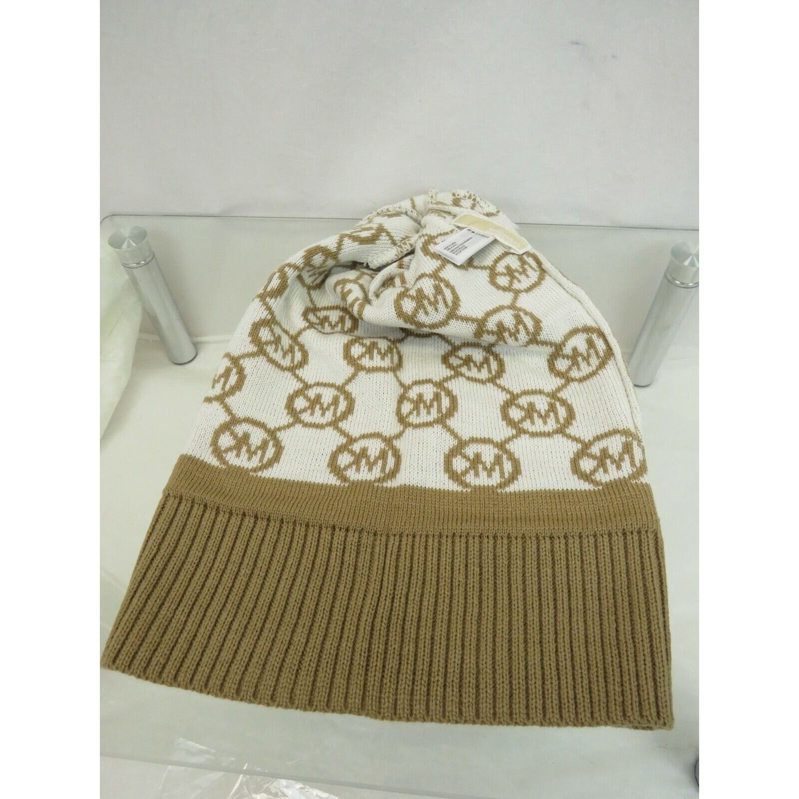 Michael Kors DARK CAMEL JET SET MK LOGO PRINT CALF BEANIE HAT SIZE 0/S Size ONE SIZE - 4 Thumbnail