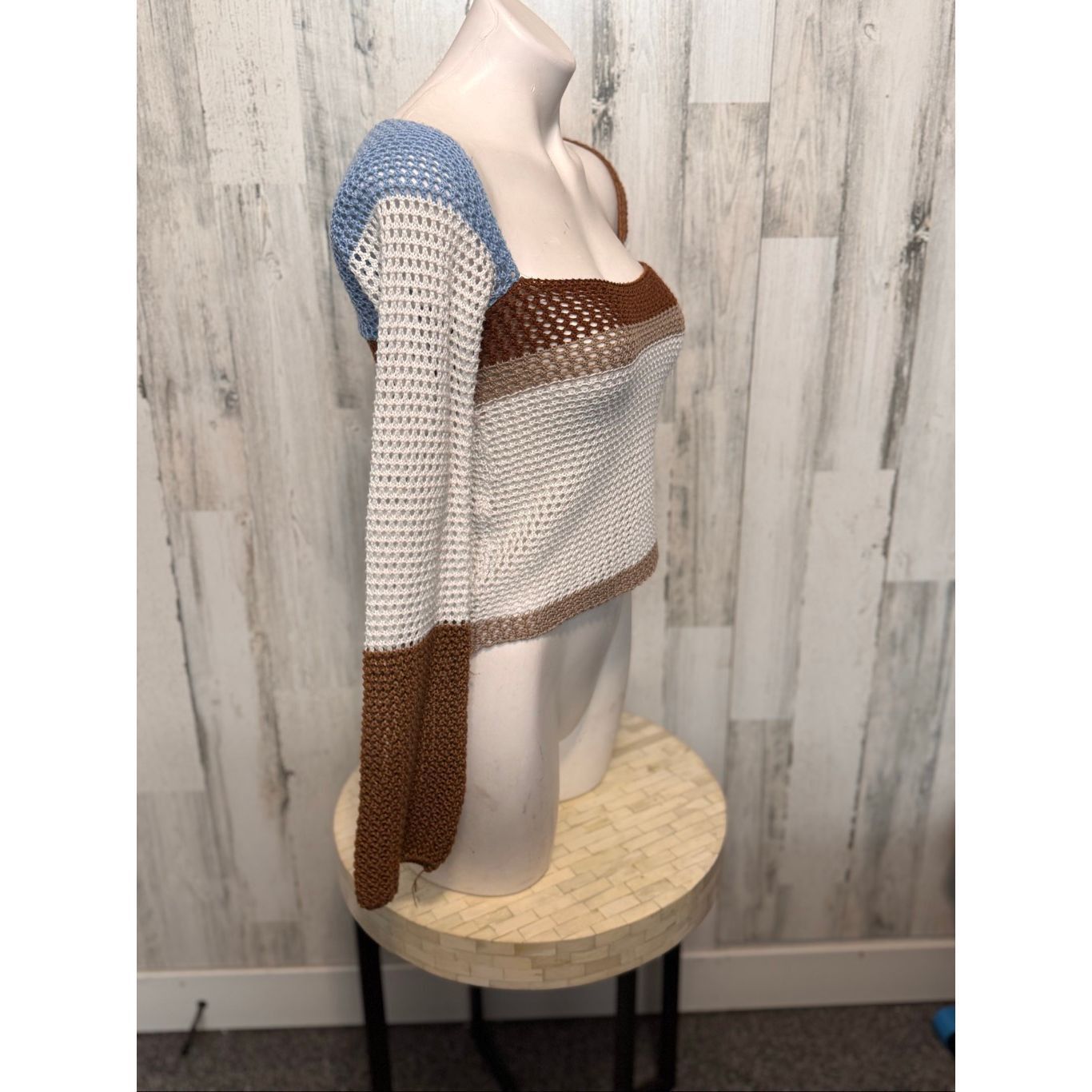 Other Colorblock Crochet Knit Top | Long Bell Sleeve Off Shoulder Size S / US 4 / IT 40 - 5 Thumbnail