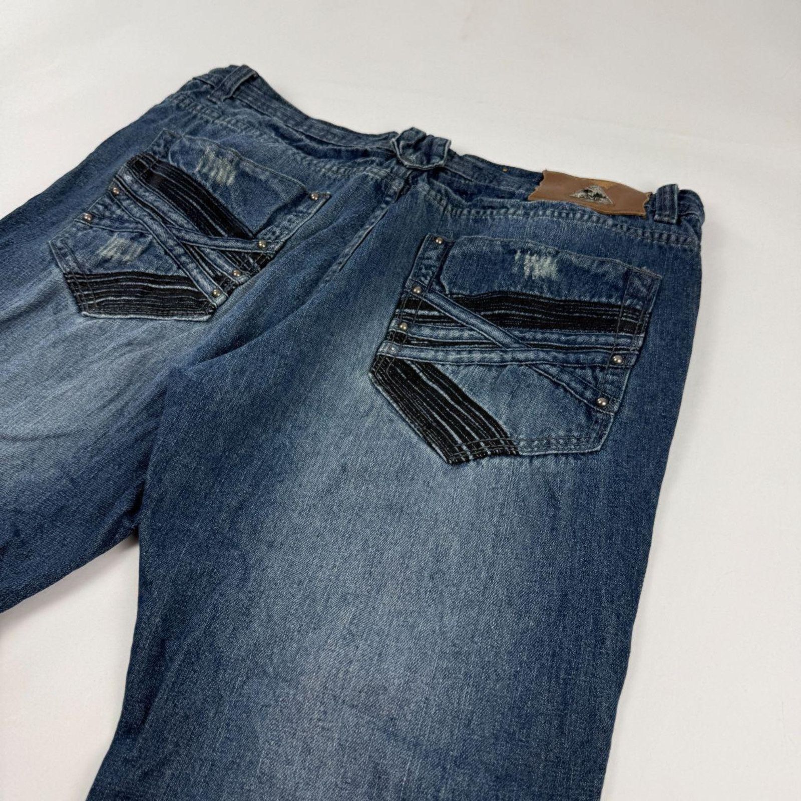 Vintage faded dark wash embroidered y2k baggy wide leg jeans