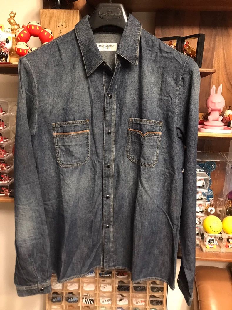 Saint Laurent Paris Saint Laurent Denim Shirt with Pocket Design- DMC Size US M / EU 48-50 / 2 - 1 Thumbnail