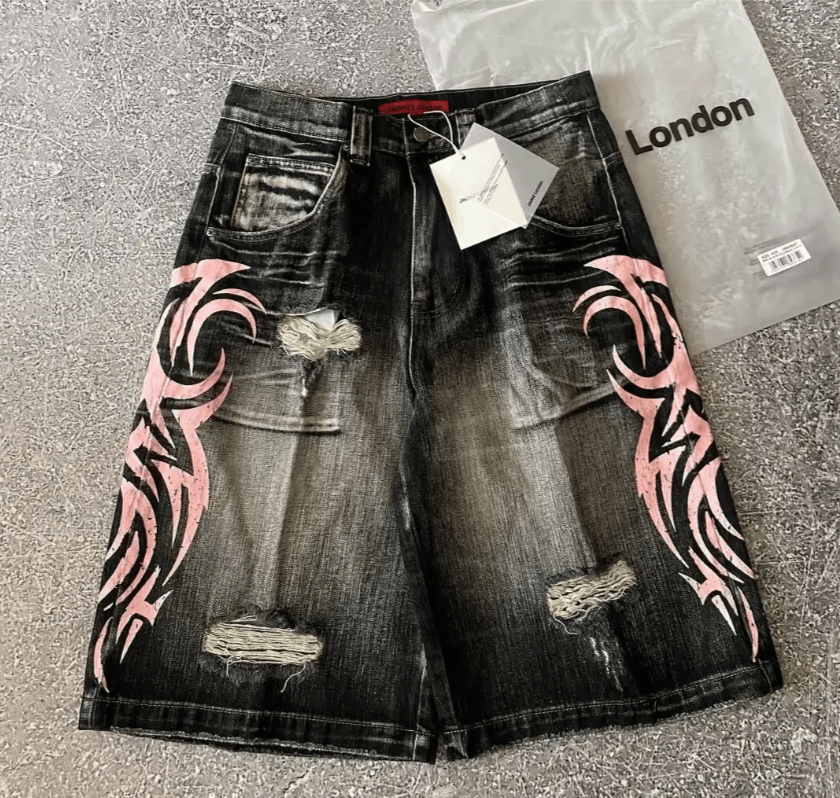 Gothic Vintage Dark Style Printed Pattern Denim Shorts